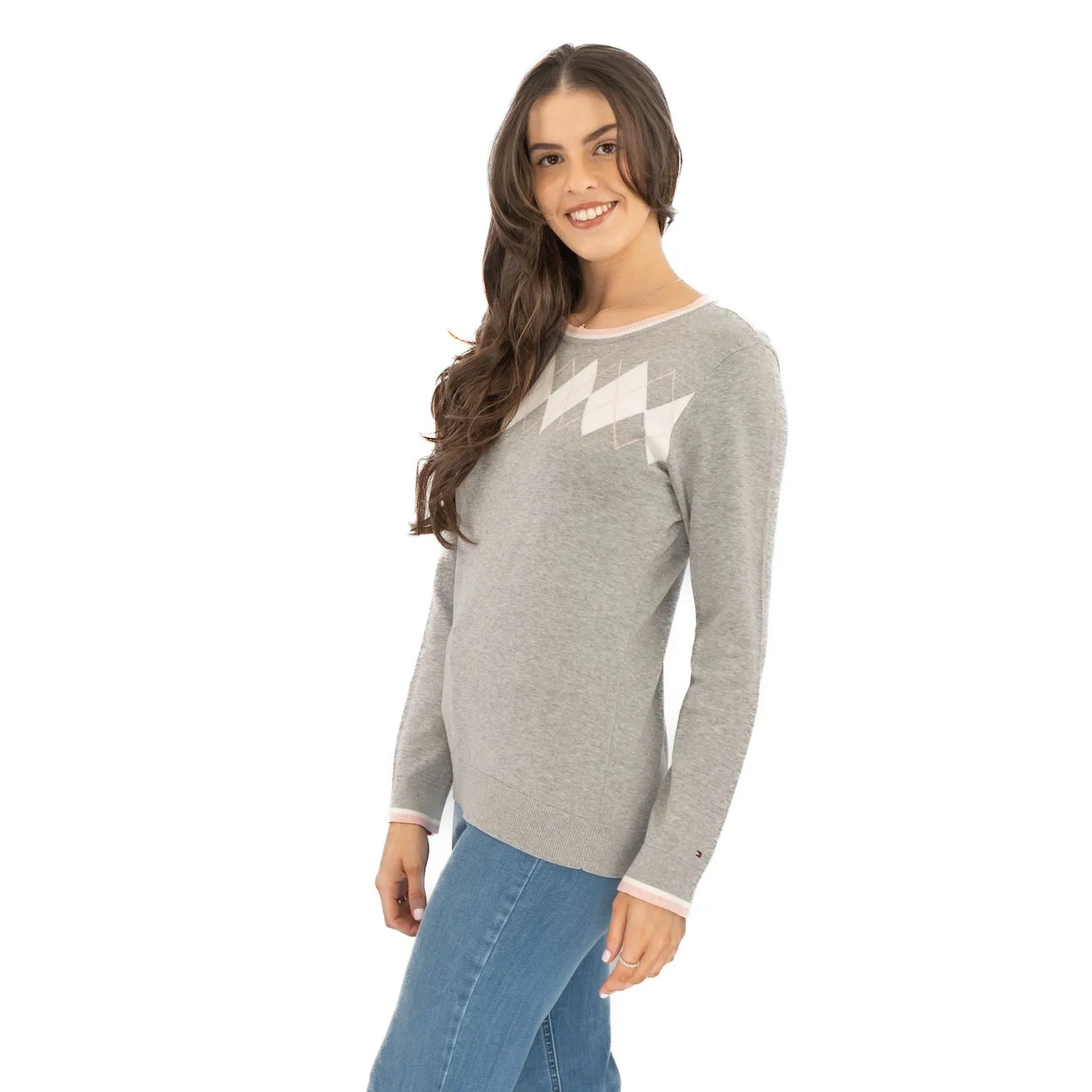 Lucy Argyle Jumper Grey Diamond Intarsia Long Sleeve Tops