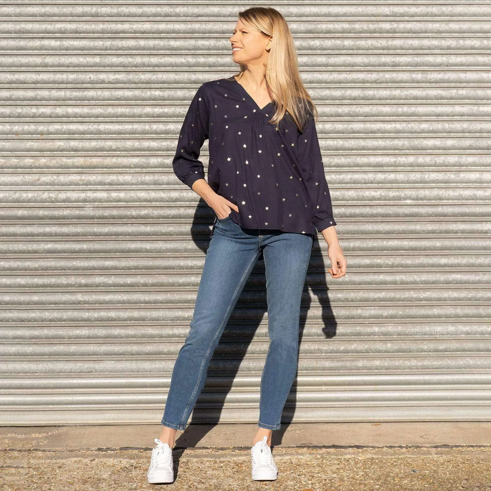 M&Co Navy Star Blouse Longline Top