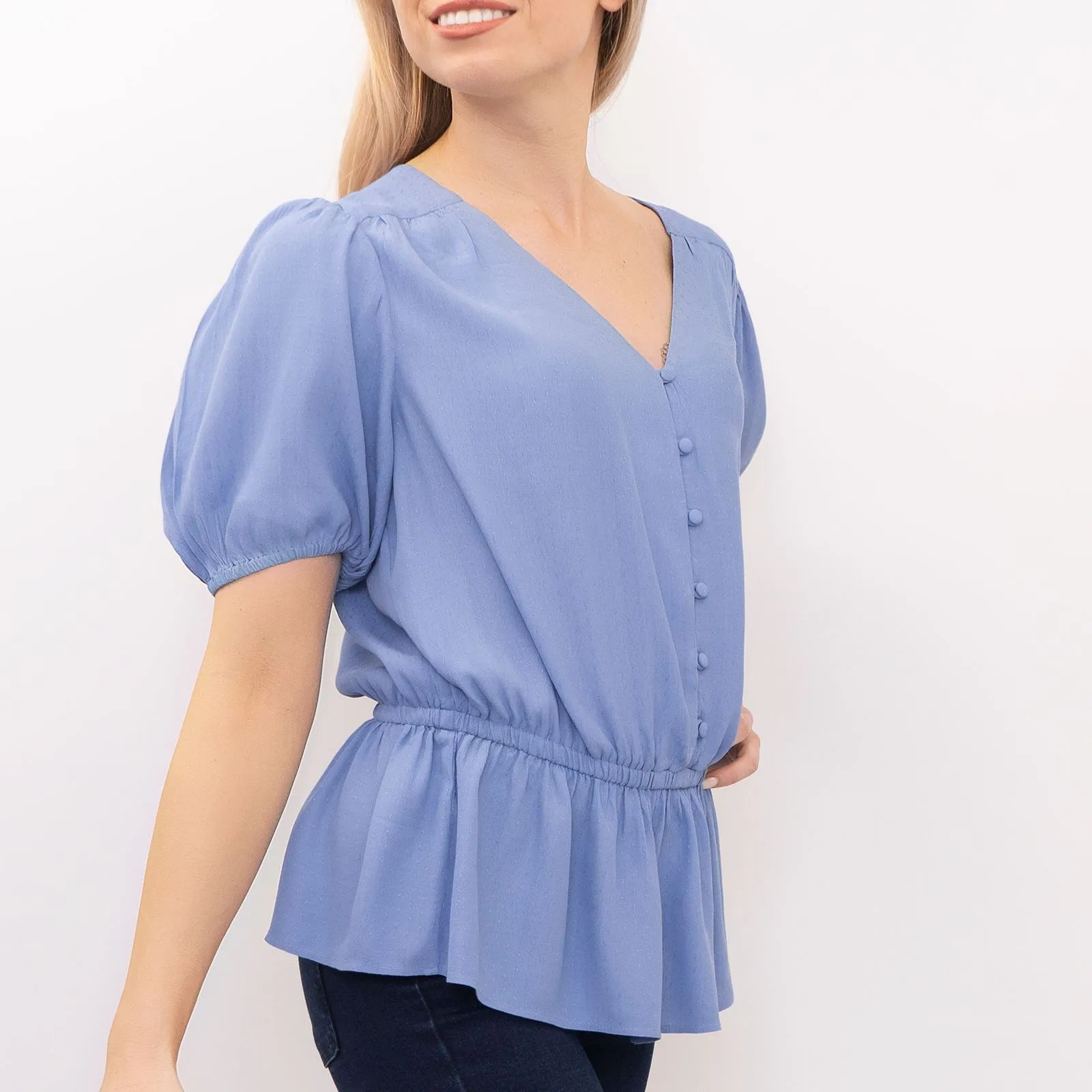 M&S Blue Blouse Elasticated Waist Short Sleeve V-Neckline Tops
