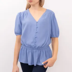 M&S Blue Blouse Elasticated Waist Short Sleeve V-Neckline Tops
