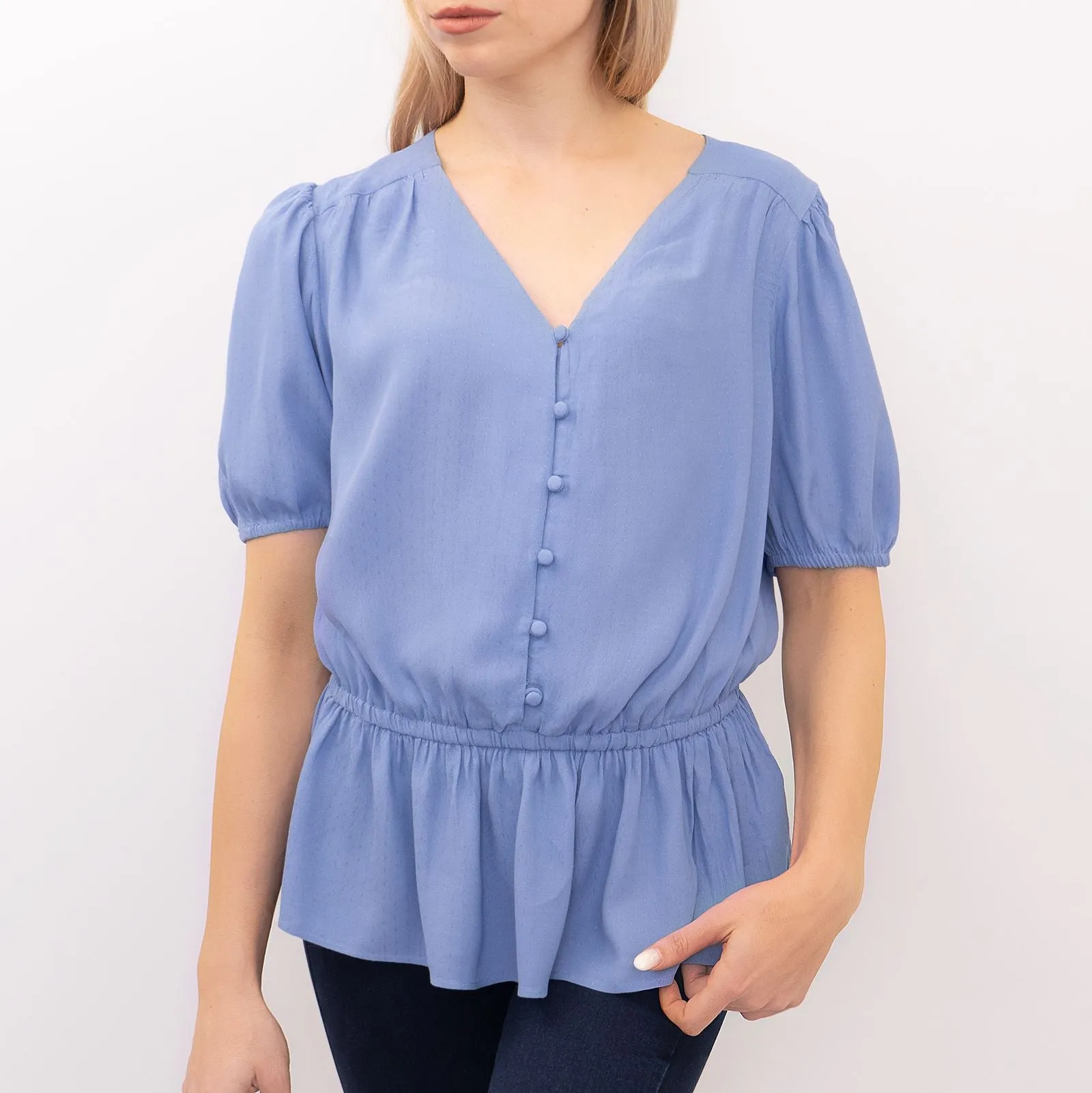 M&S Blue Blouse Elasticated Waist Short Sleeve V-Neckline Tops