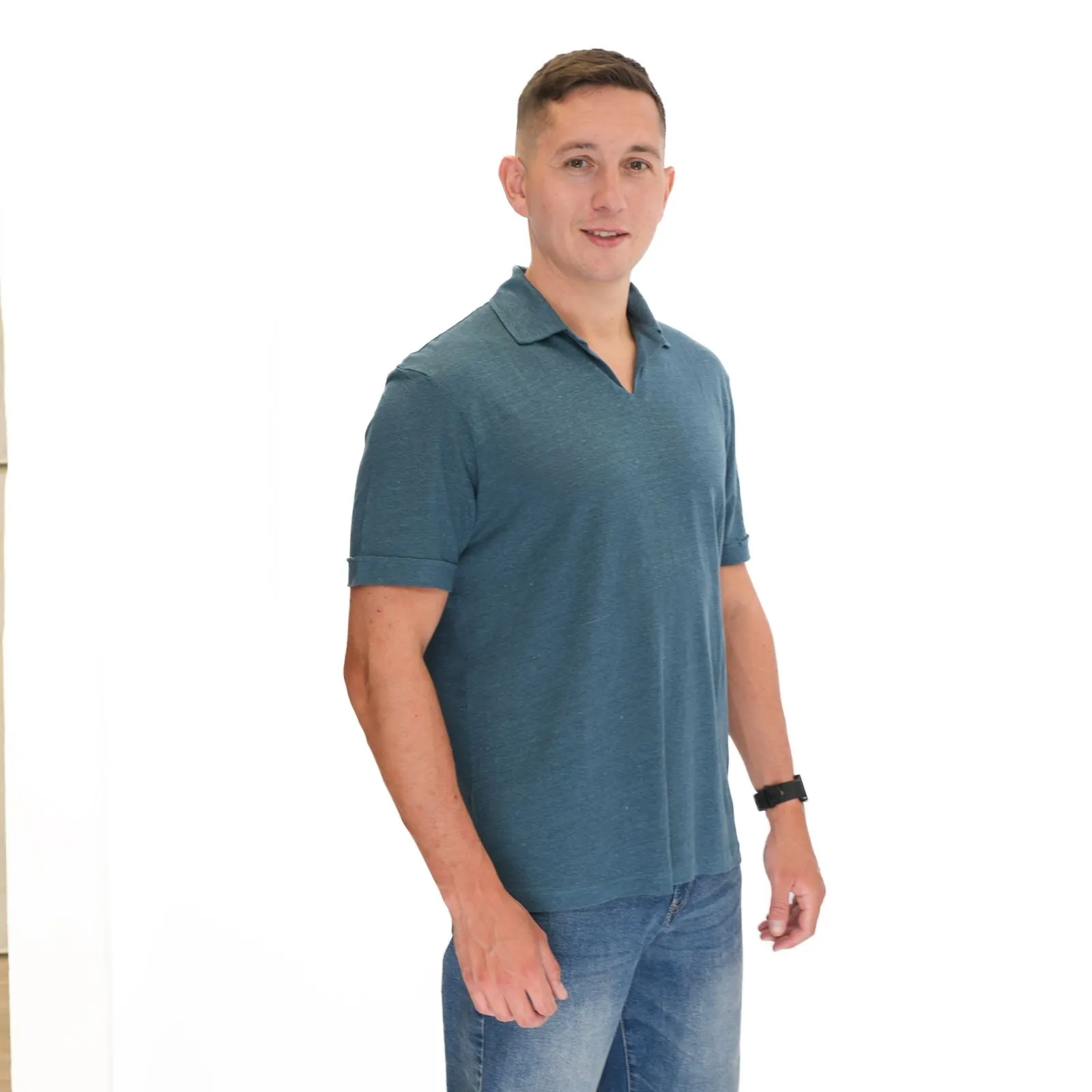 M&S Blue Pure Linen Polo Shirt