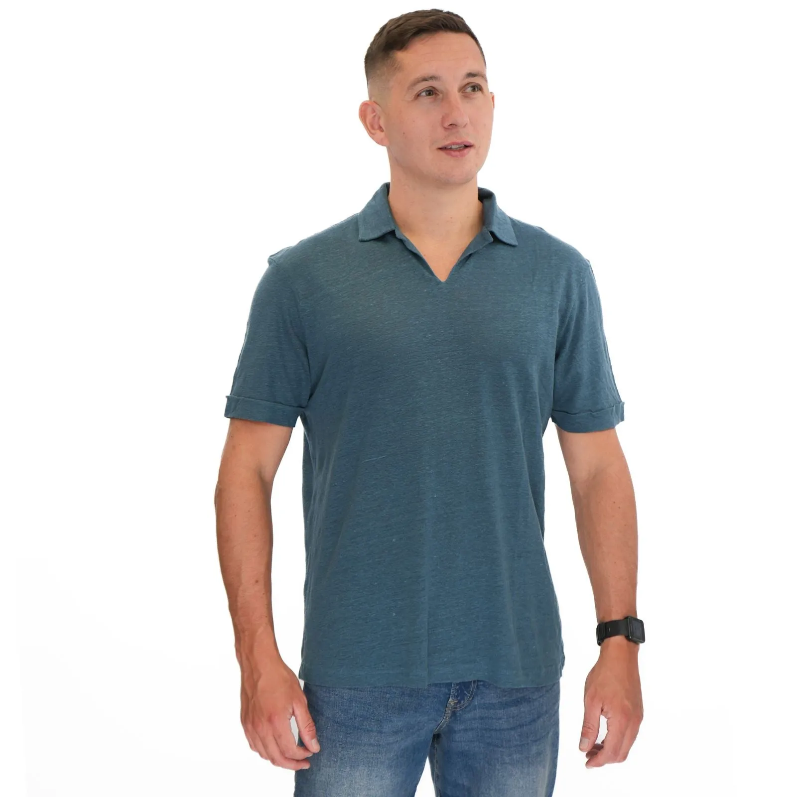 M&S Blue Pure Linen Polo Shirt