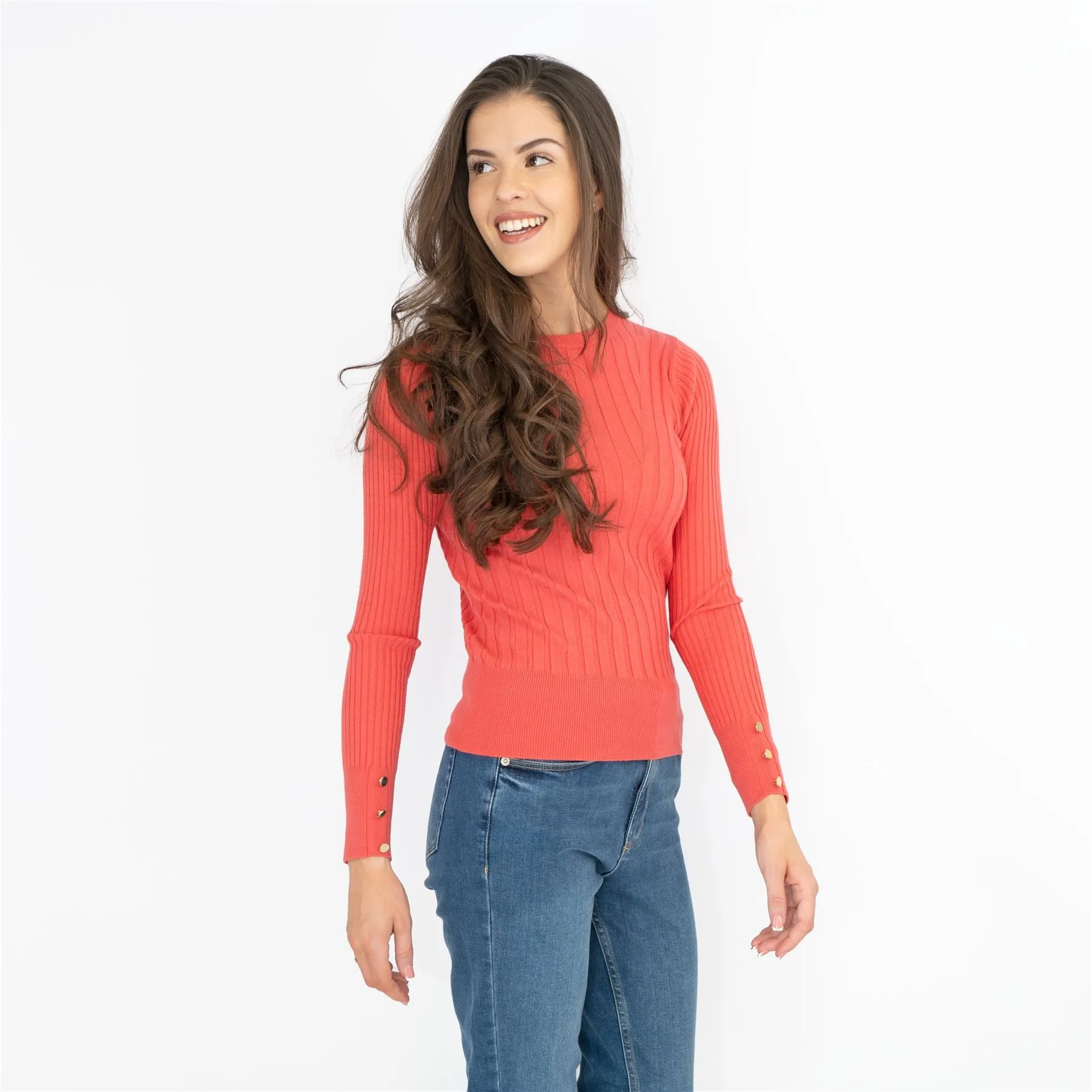 M&S Coral Red Soft Touch Ribbed Crew Neck Fitted Jumper