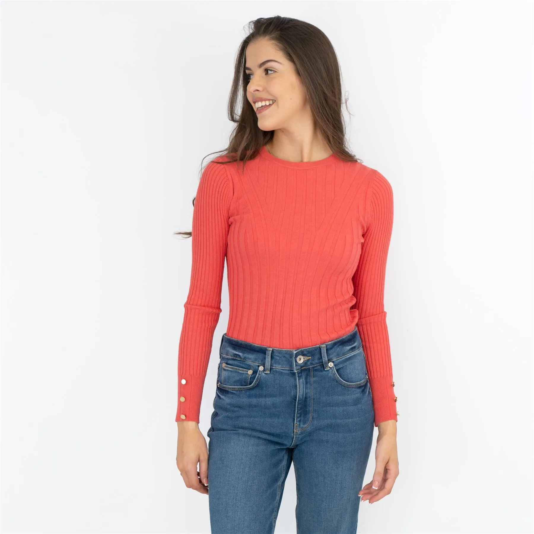 M&S Coral Red Soft Touch Ribbed Crew Neck Fitted Jumper