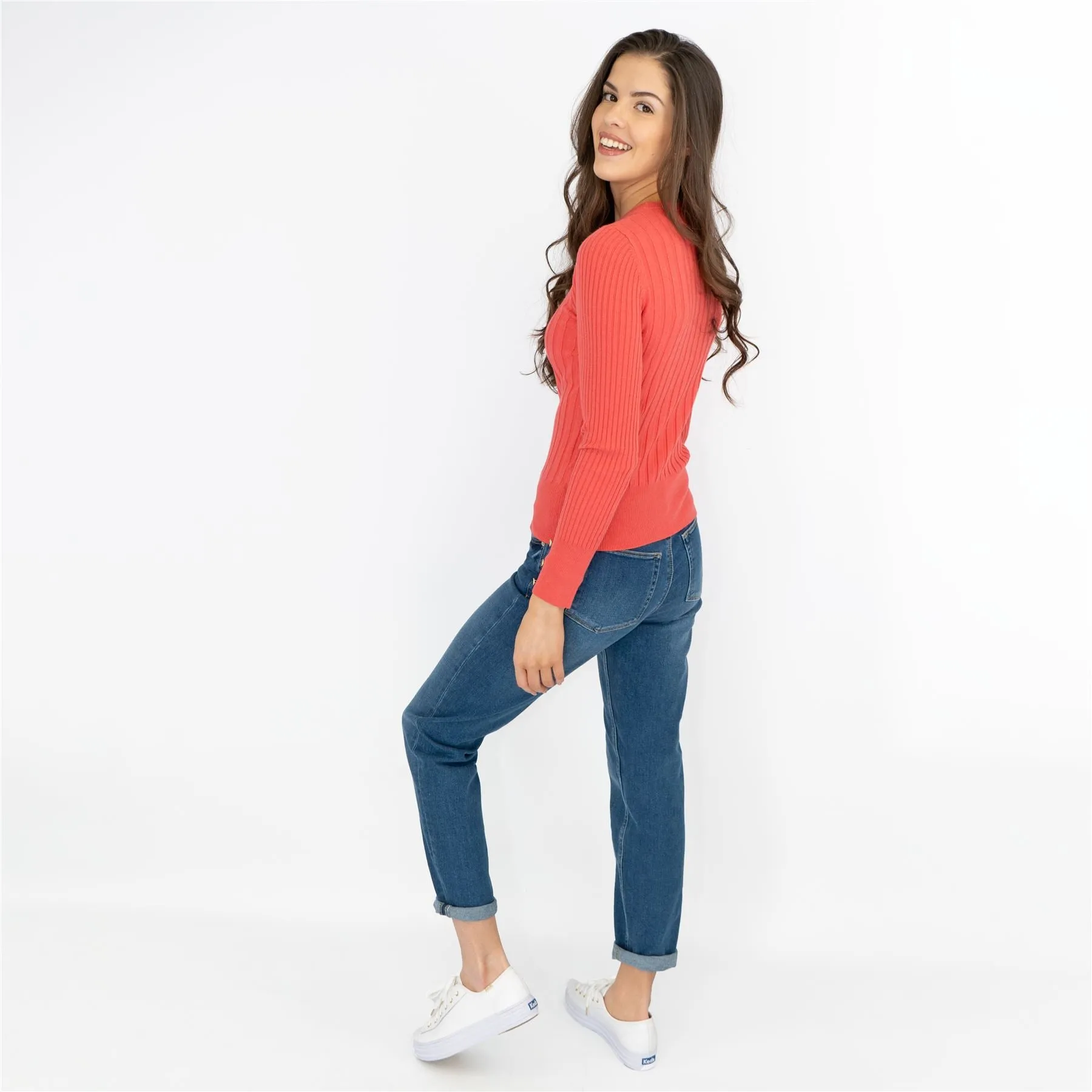 M&S Coral Red Soft Touch Ribbed Crew Neck Fitted Jumper