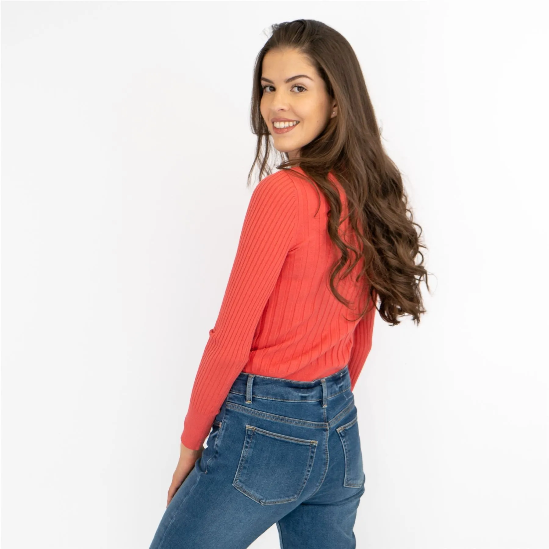 M&S Coral Red Soft Touch Ribbed Crew Neck Fitted Jumper