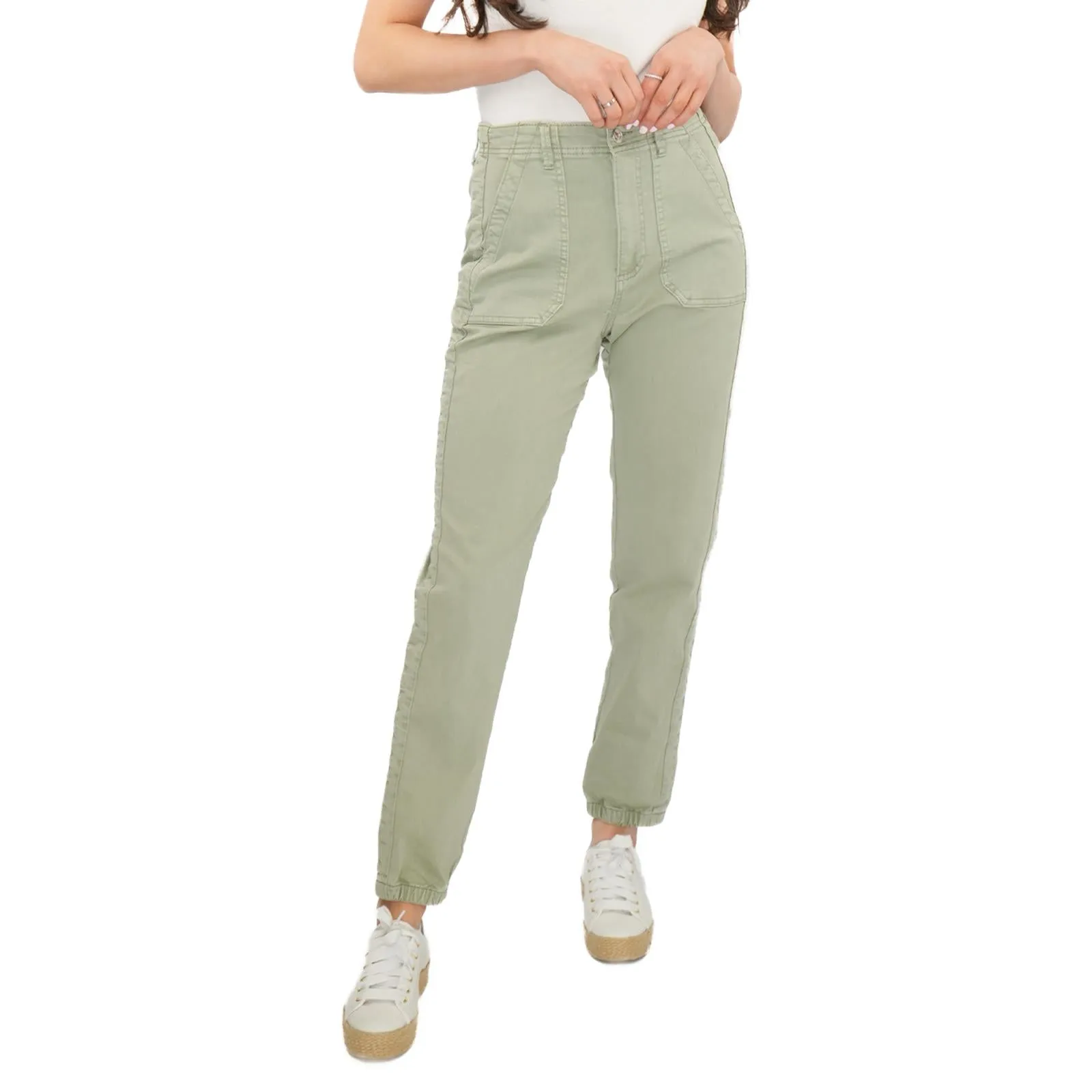 M&S Cotton Blend Slim Fit Trousers Stretch Elasticated Cuff Green