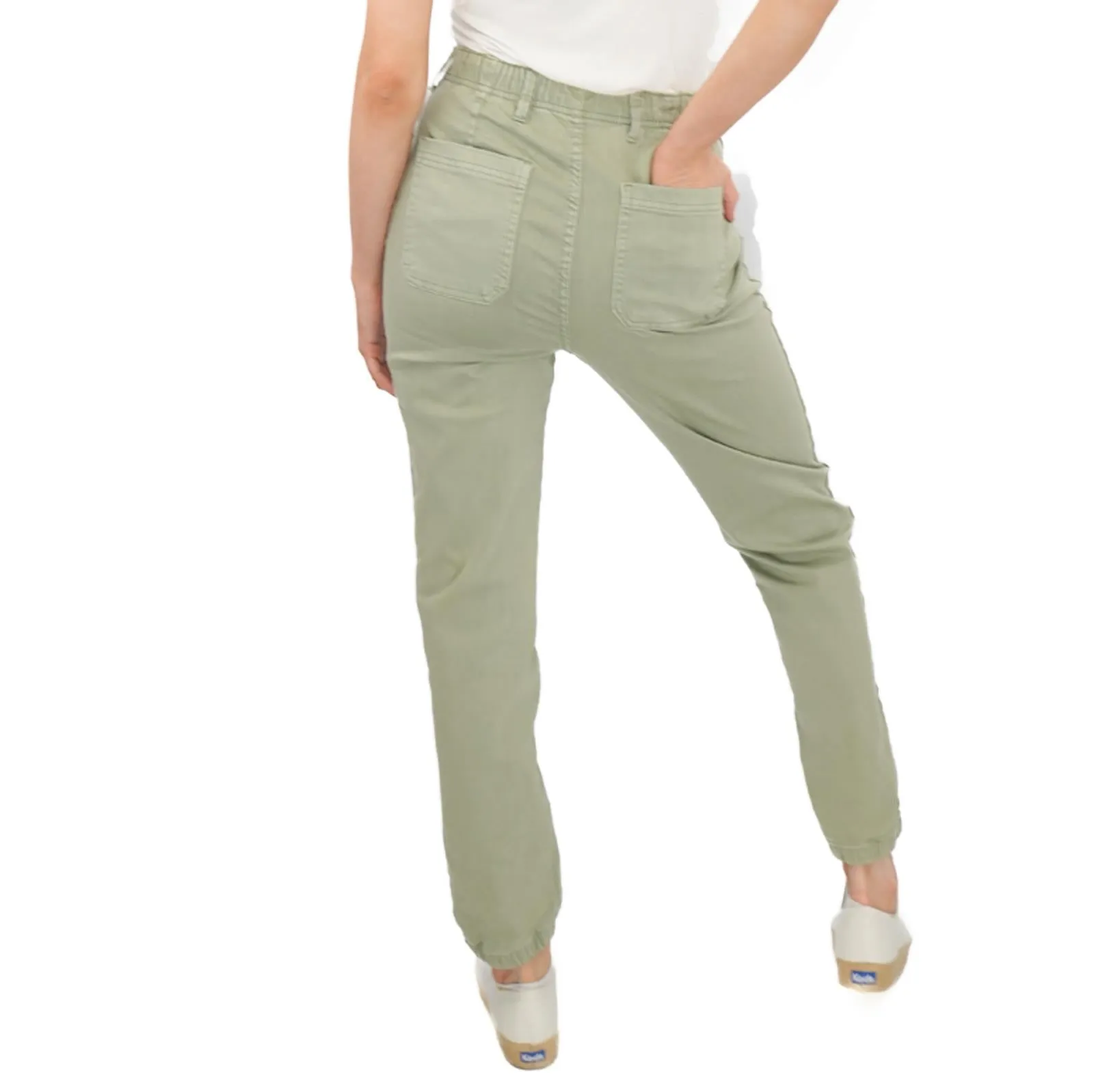 M&S Cotton Blend Slim Fit Trousers Stretch Elasticated Cuff Green