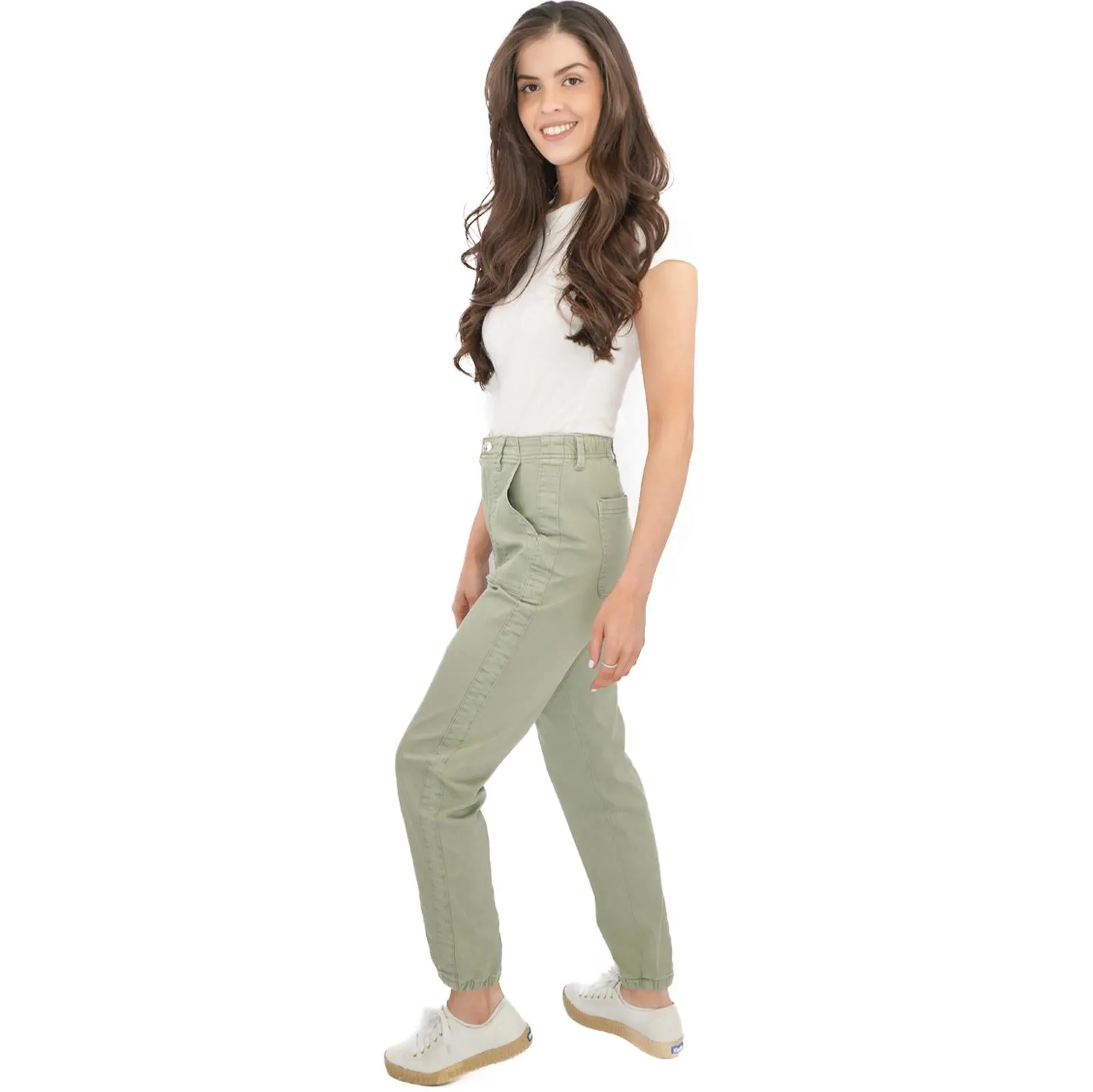 M&S Cotton Blend Slim Fit Trousers Stretch Elasticated Cuff Green