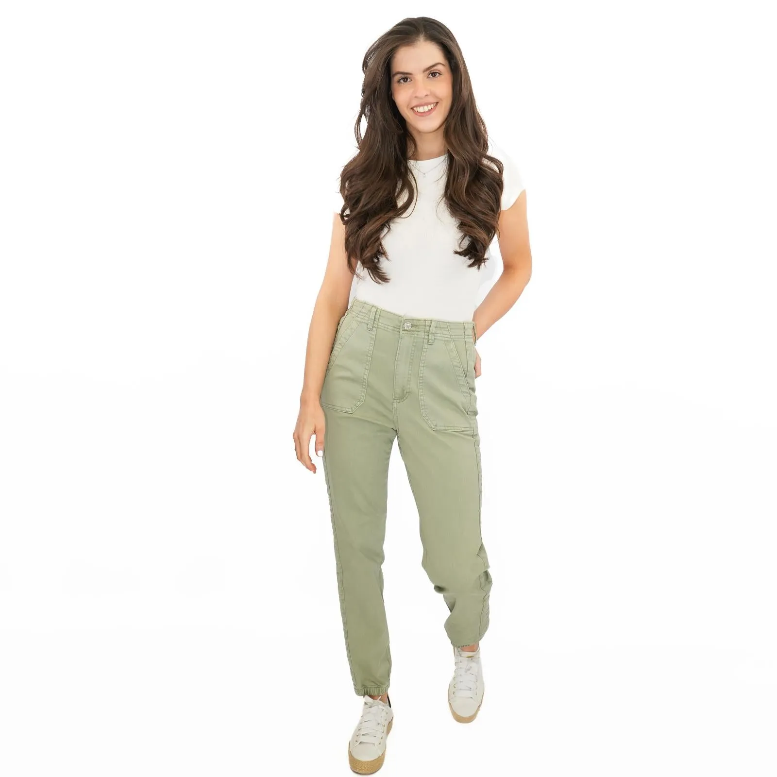 M&S Cotton Blend Slim Fit Trousers Stretch Elasticated Cuff Green