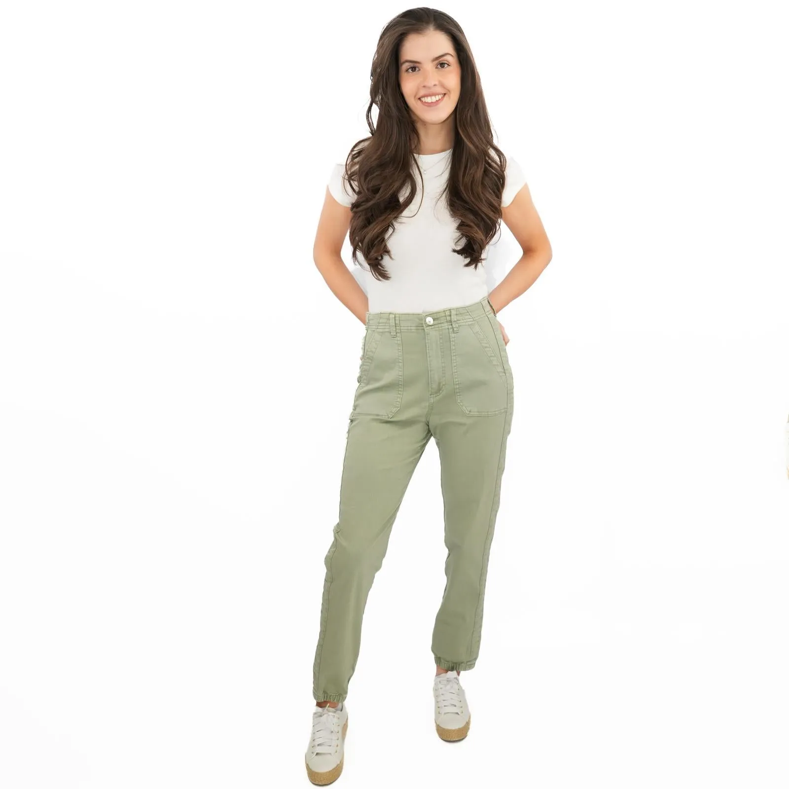 M&S Cotton Blend Slim Fit Trousers Stretch Elasticated Cuff Green