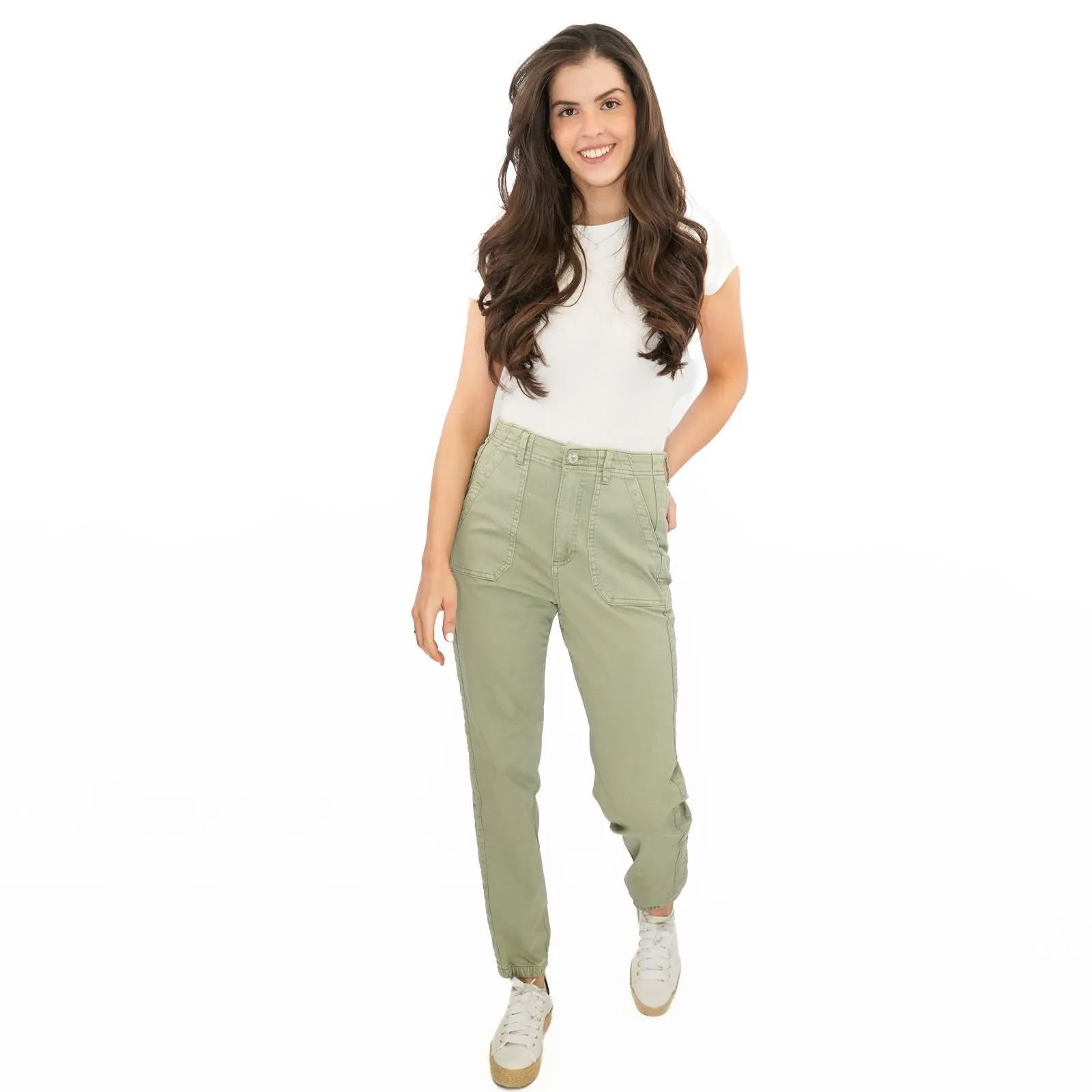 M&S Cotton Blend Slim Fit Trousers Stretch Elasticated Cuff Green