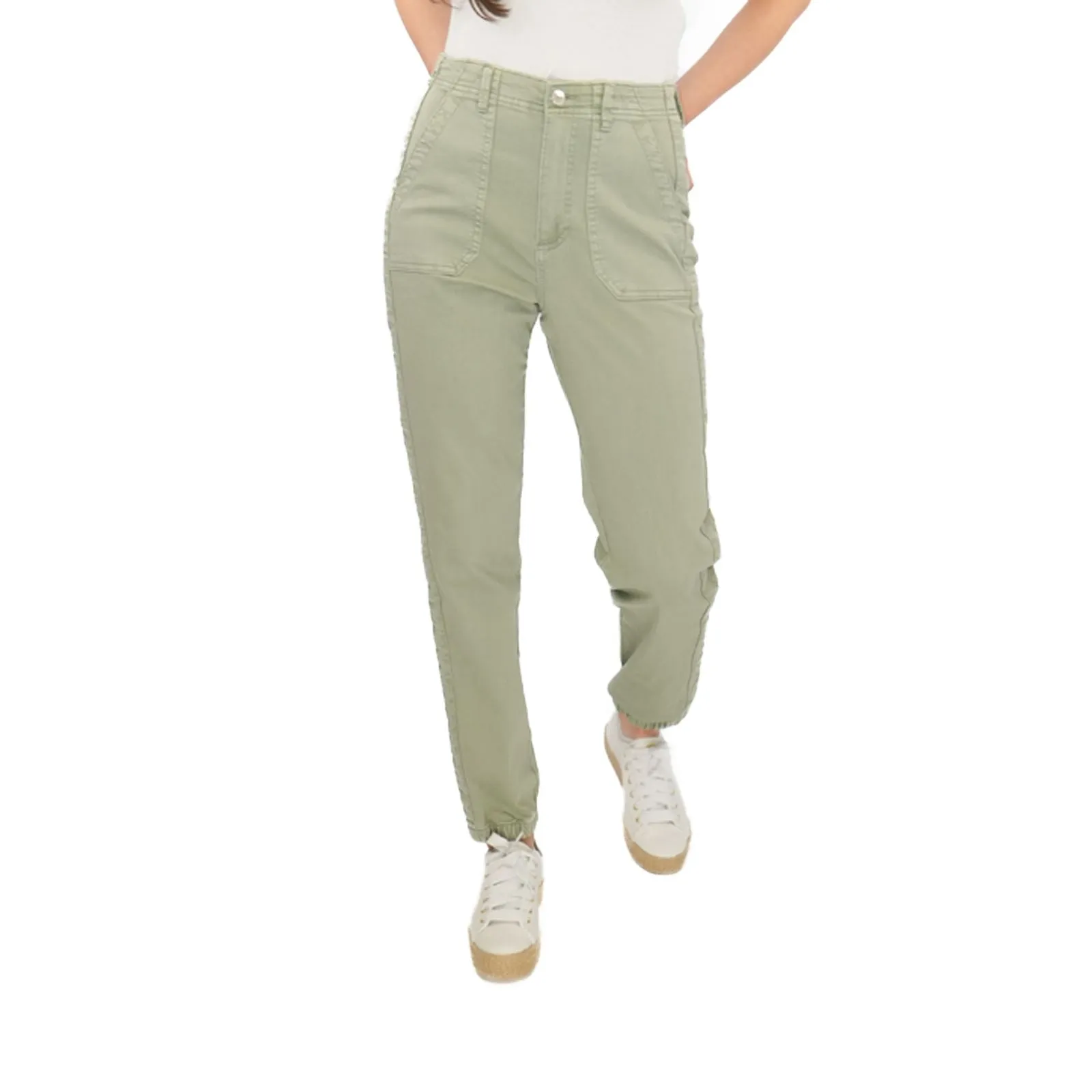 M&S Cotton Blend Slim Fit Trousers Stretch Elasticated Cuff Green