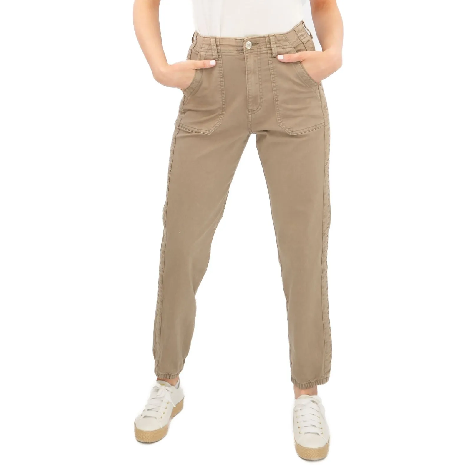 M&S Cotton Blend Slim Fit Trousers Stretch Elasticated Cuff Mocha