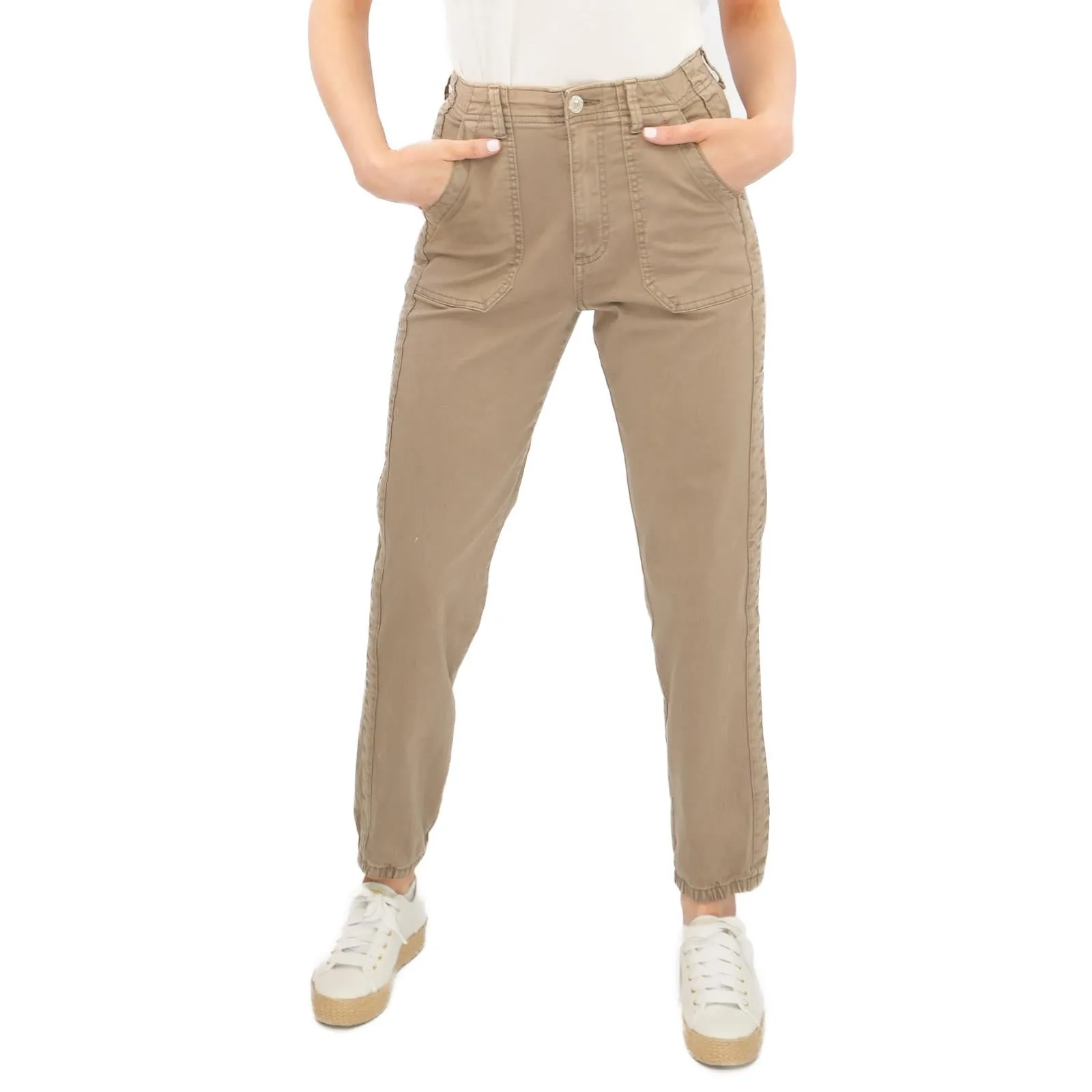 M&S Cotton Blend Slim Fit Trousers Stretch Elasticated Cuff Mocha