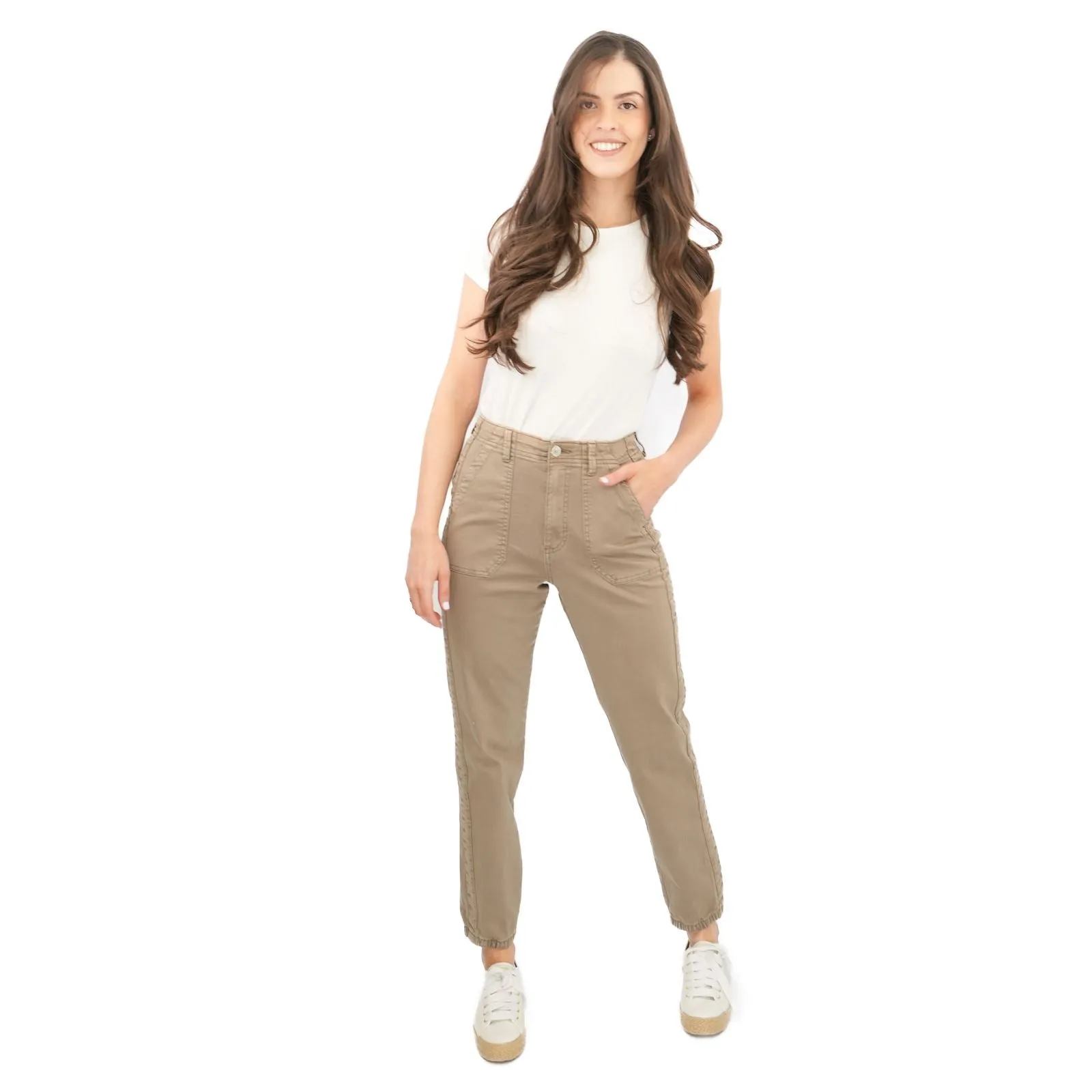 M&S Cotton Blend Slim Fit Trousers Stretch Elasticated Cuff Mocha