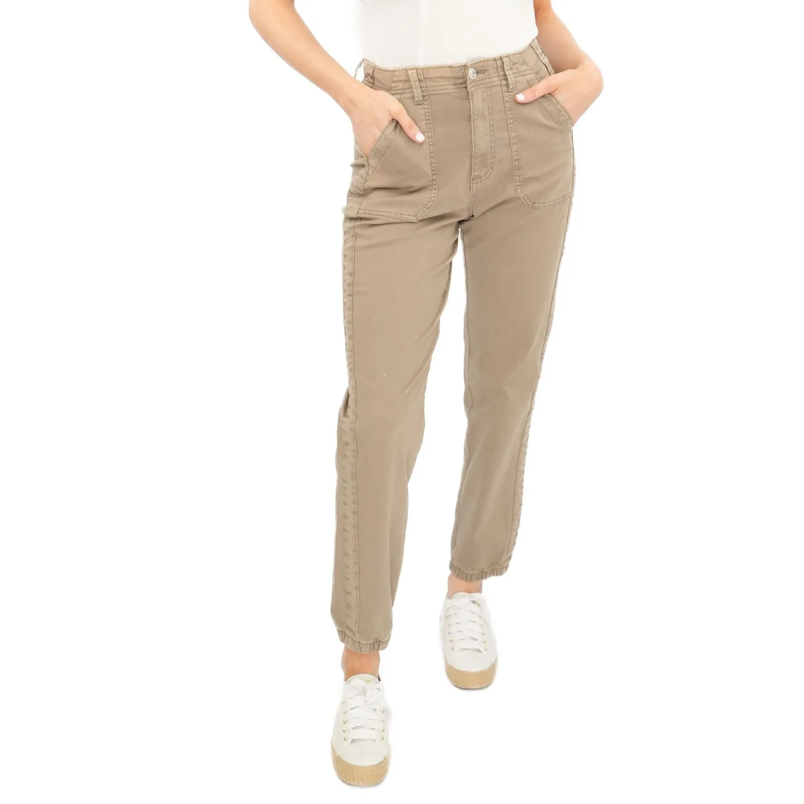 M&S Cotton Blend Slim Fit Trousers Stretch Elasticated Cuff Mocha