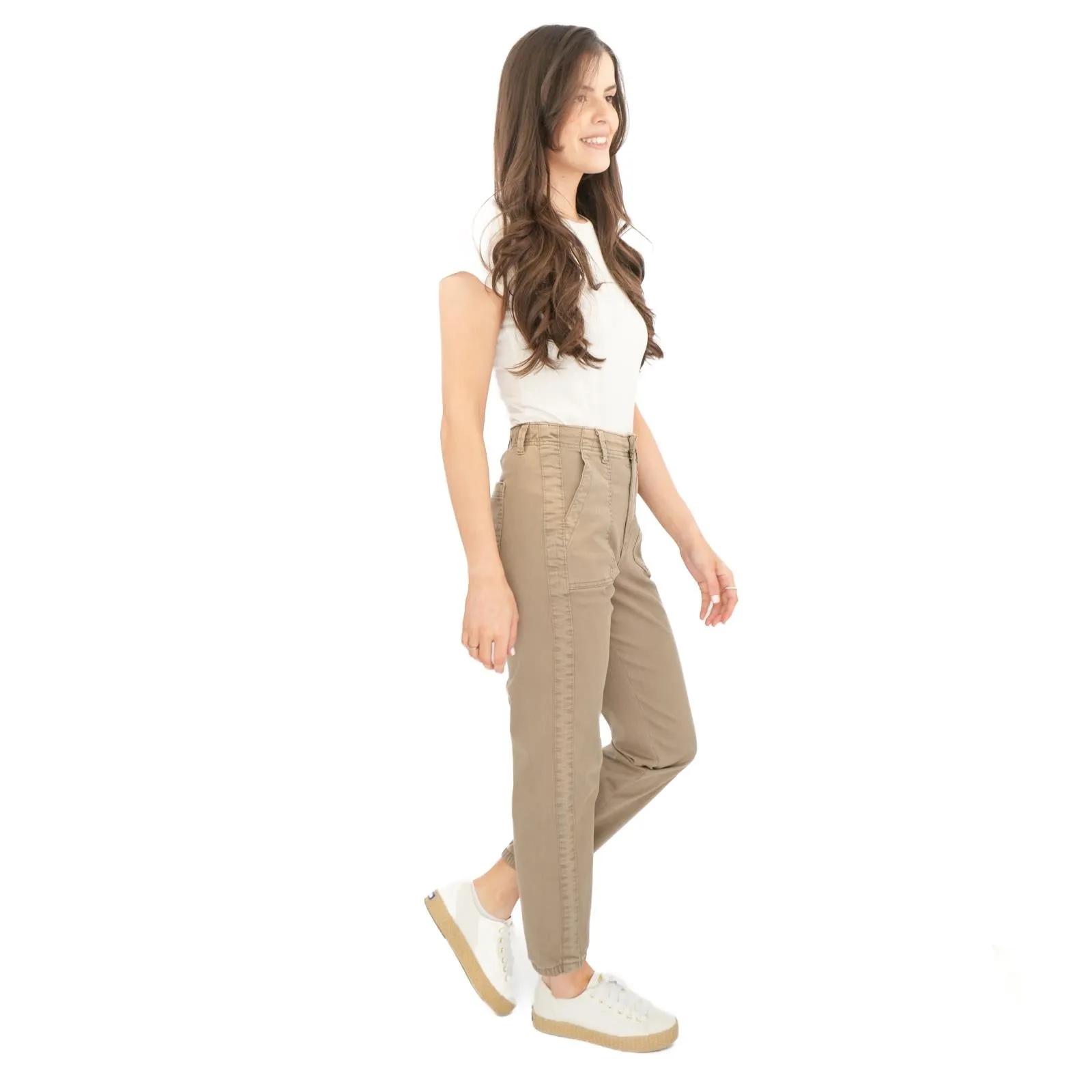 M&S Cotton Blend Slim Fit Trousers Stretch Elasticated Cuff Mocha