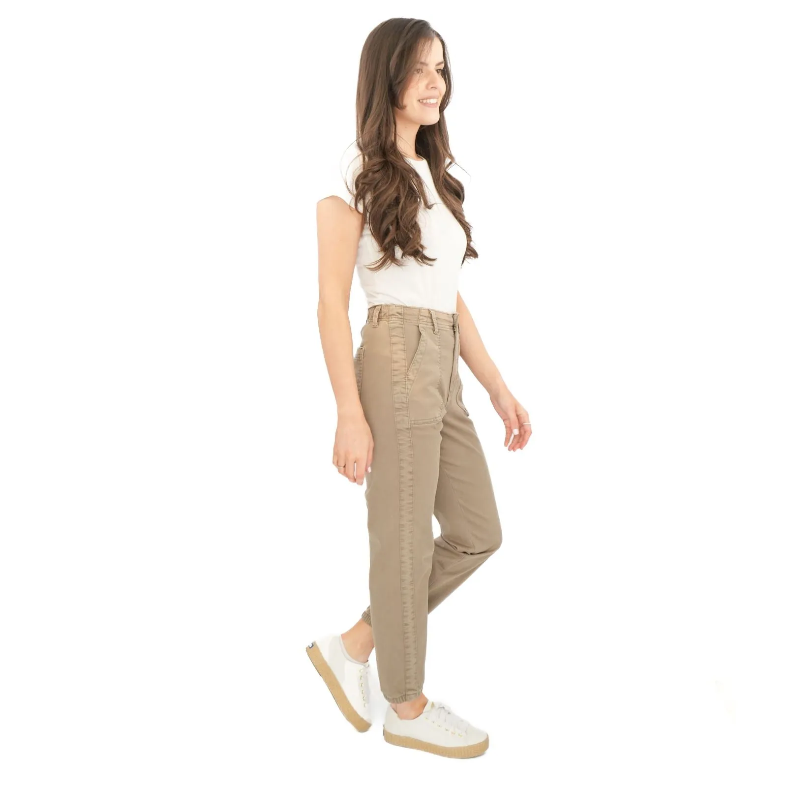 M&S Cotton Blend Slim Fit Trousers Stretch Elasticated Cuff Mocha