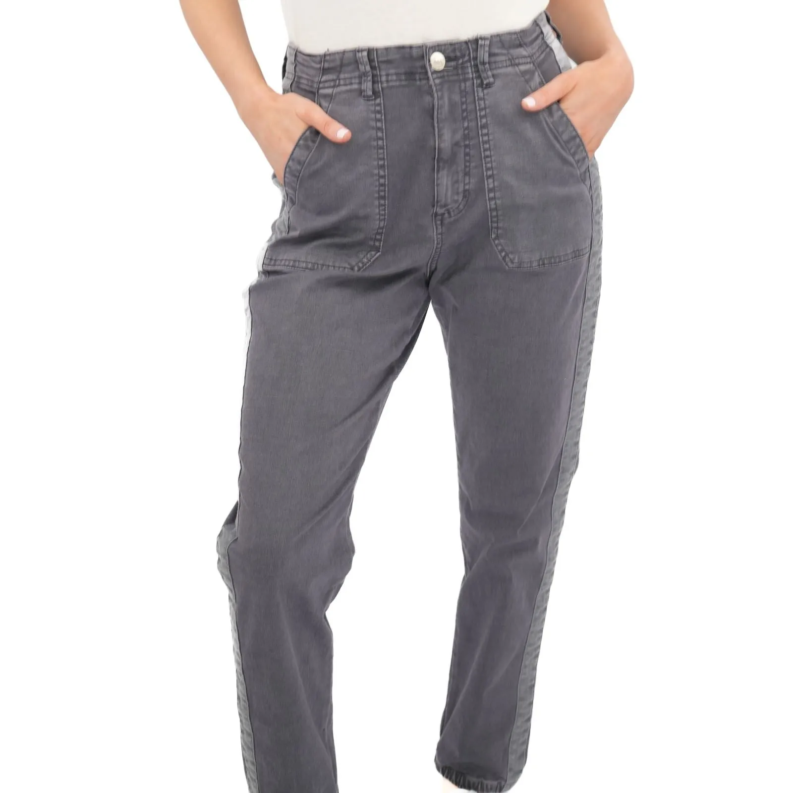 M&S Cotton Blend Slim Fit Trousers Stretch Elasticated Cuff Navy