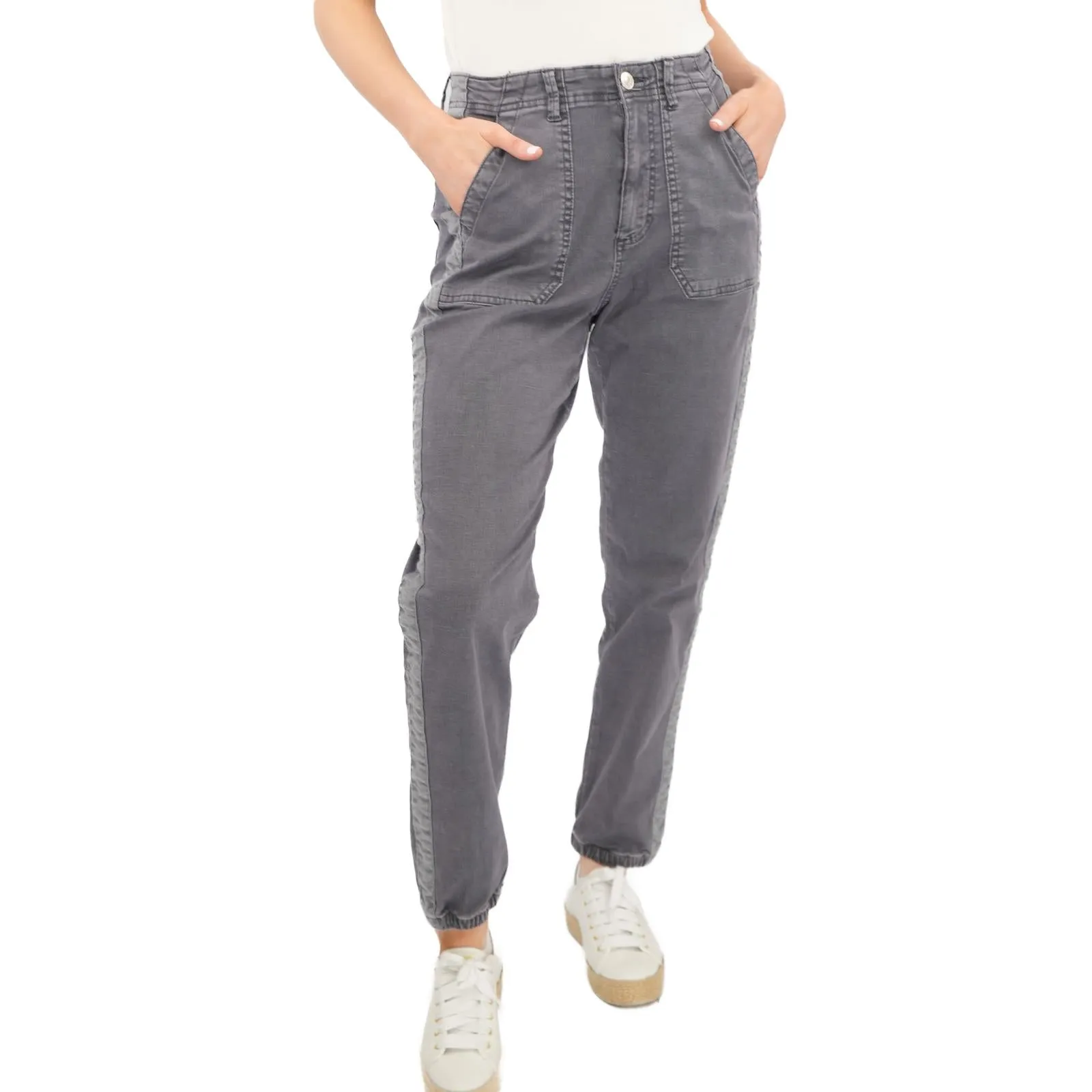 M&S Cotton Blend Slim Fit Trousers Stretch Elasticated Cuff Navy