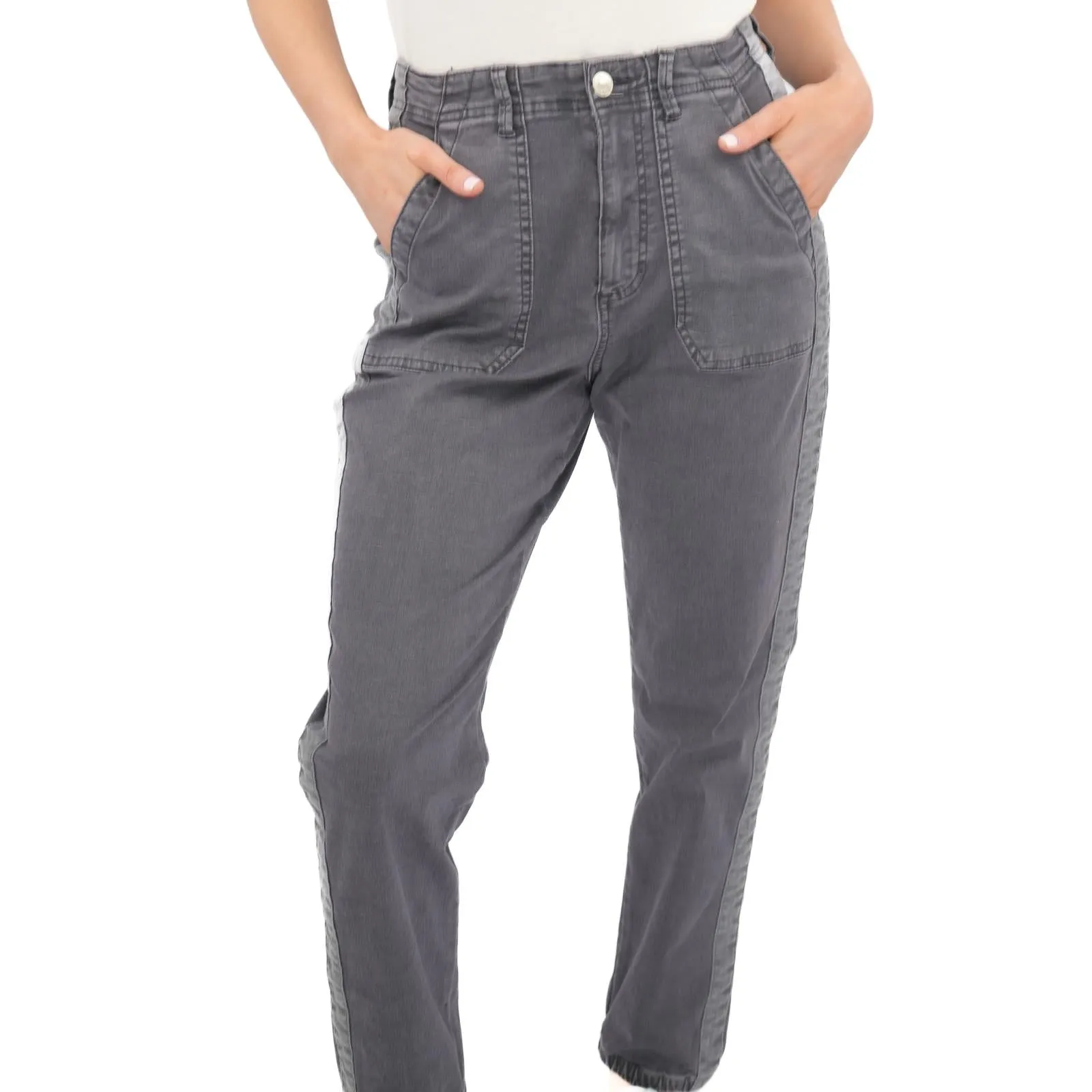 M&S Cotton Blend Slim Fit Trousers Stretch Elasticated Cuff Navy