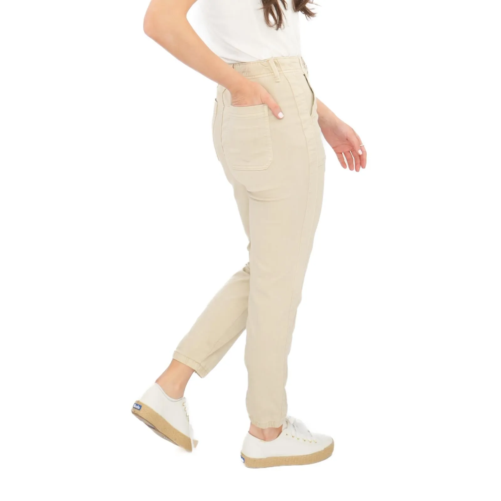 M&S Cotton Rich Slim Fit Trousers Stretch Elasticated Cuff  Beige