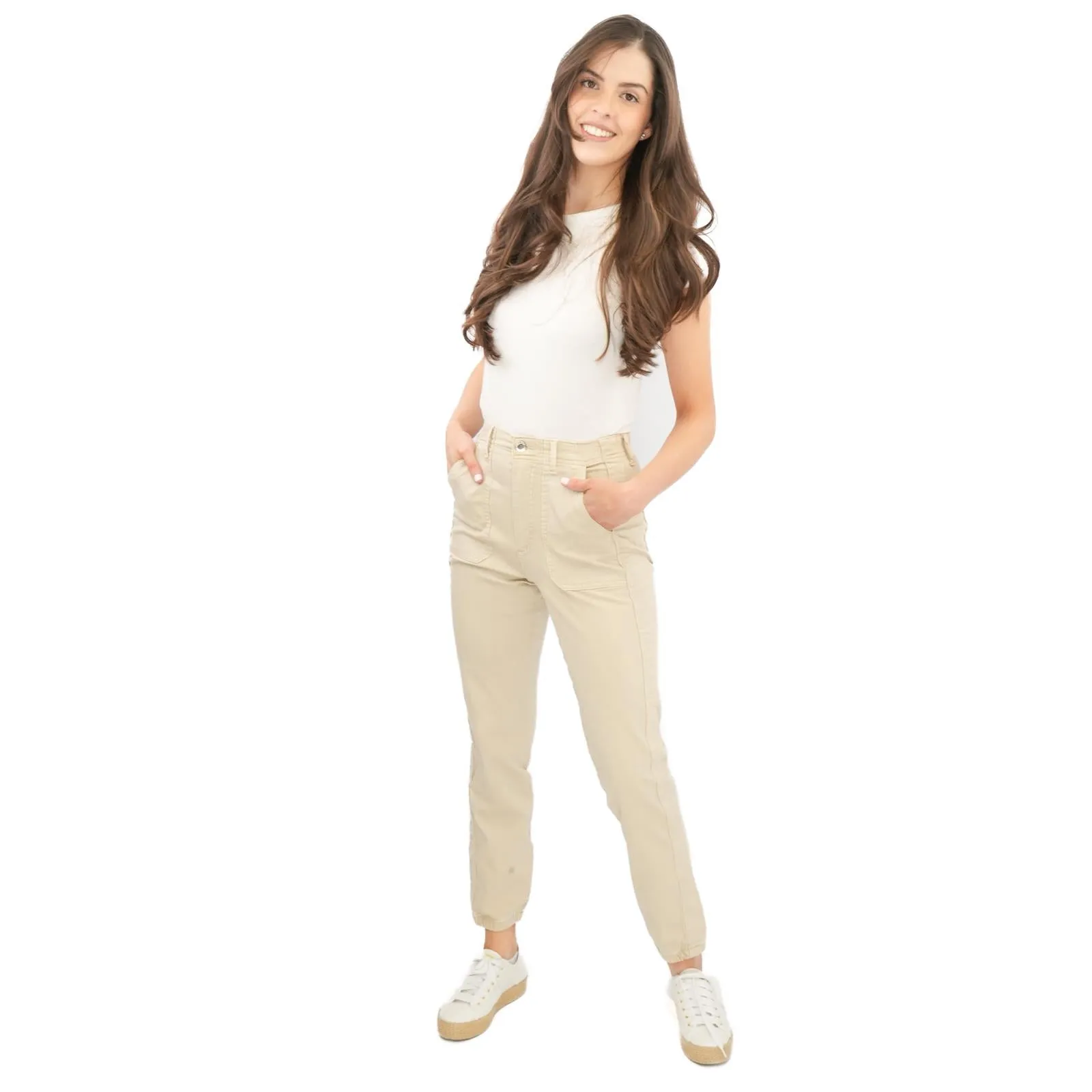 M&S Cotton Rich Slim Fit Trousers Stretch Elasticated Cuff  Beige