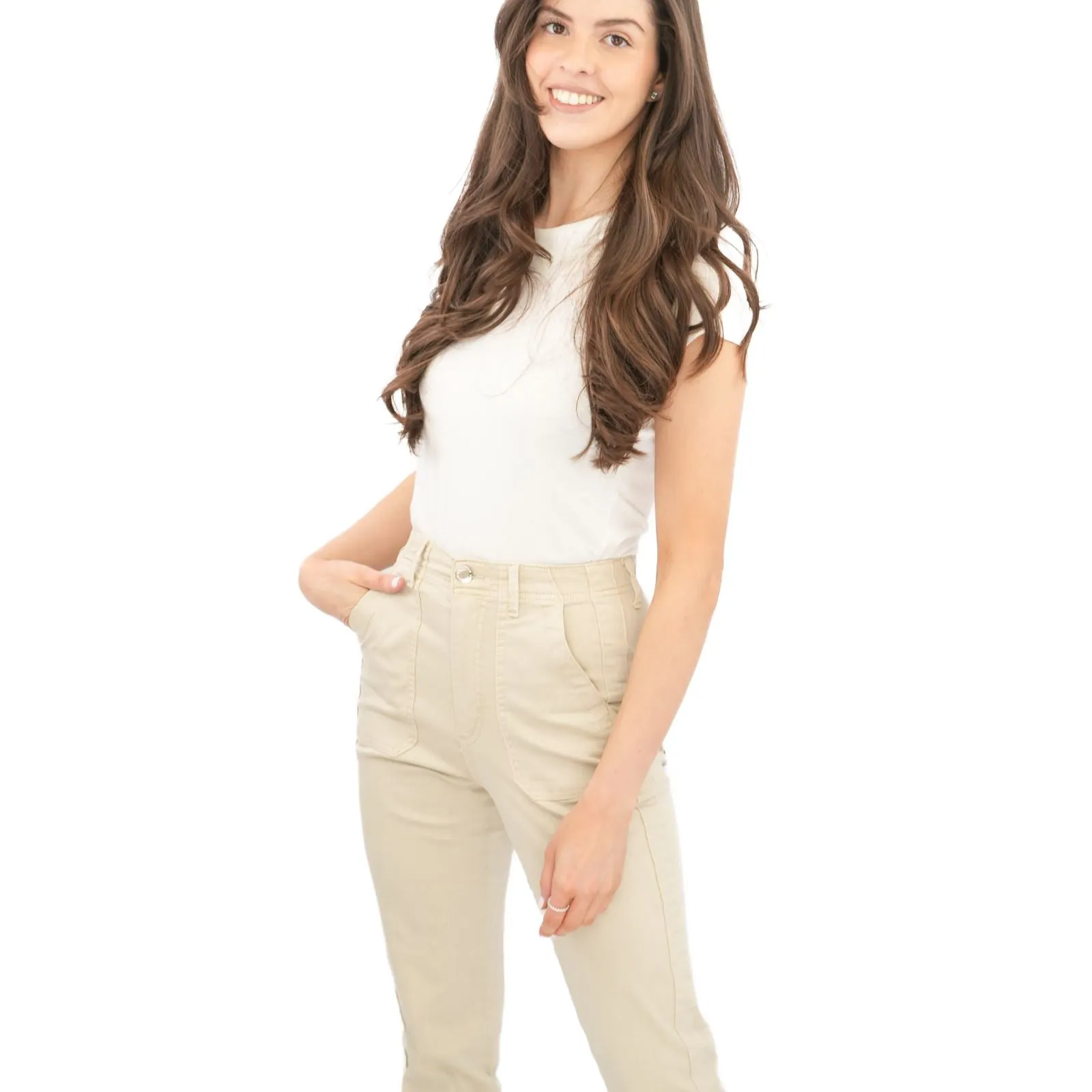 M&S Cotton Rich Slim Fit Trousers Stretch Elasticated Cuff  Beige