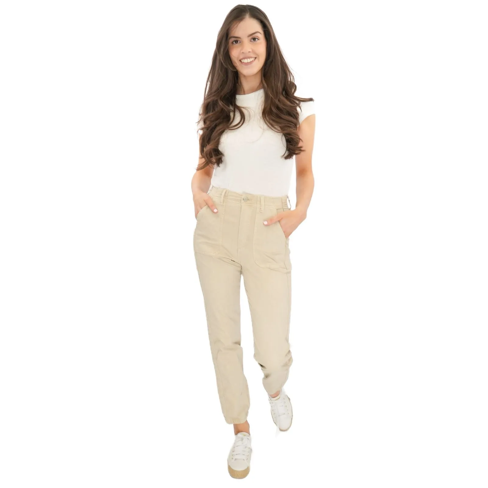 M&S Cotton Rich Slim Fit Trousers Stretch Elasticated Cuff  Beige