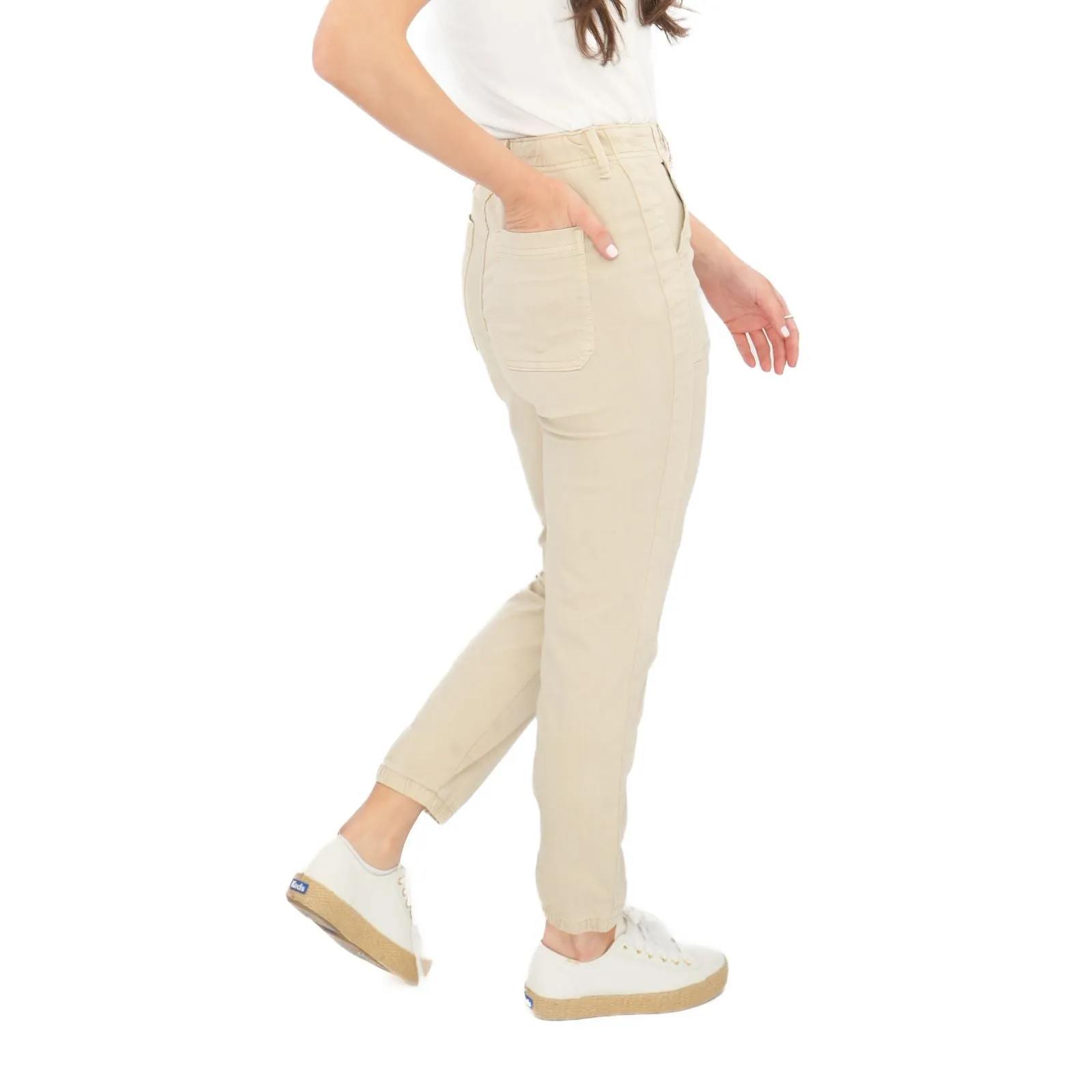 M&S Cotton Rich Slim Fit Trousers Stretch Elasticated Cuff  Beige