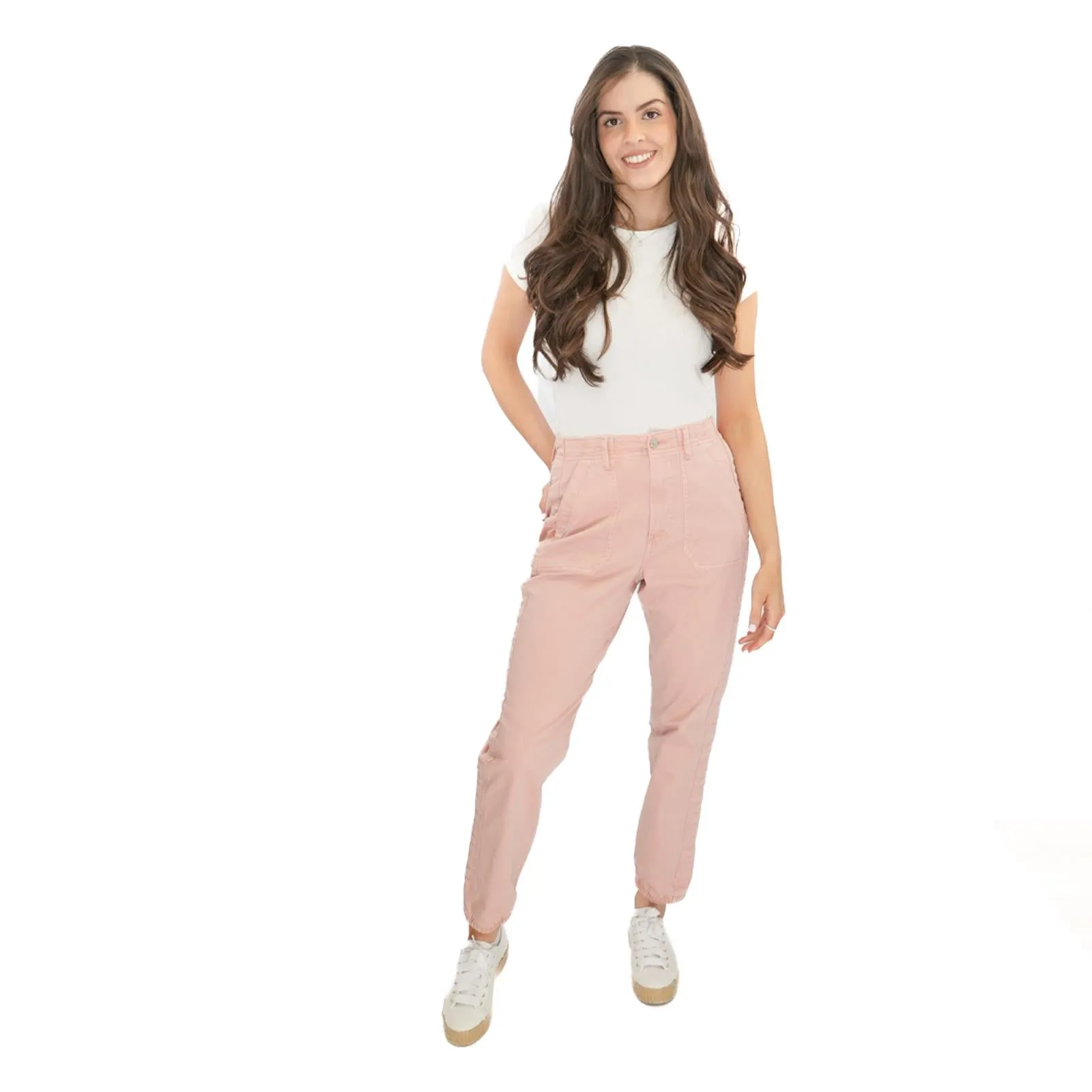 M&S Cotton Rich Slim Fit Trousers Stretch Elasticated Cuff Pink