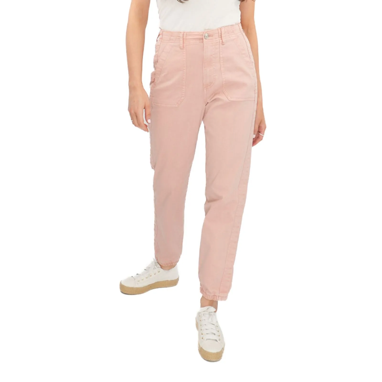 M&S Cotton Rich Slim Fit Trousers Stretch Elasticated Cuff Pink