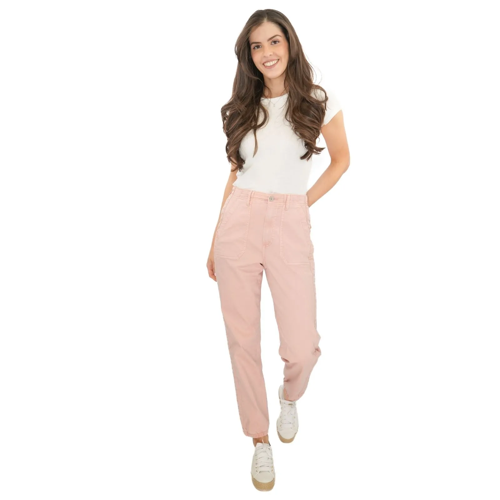 M&S Cotton Rich Slim Fit Trousers Stretch Elasticated Cuff Pink