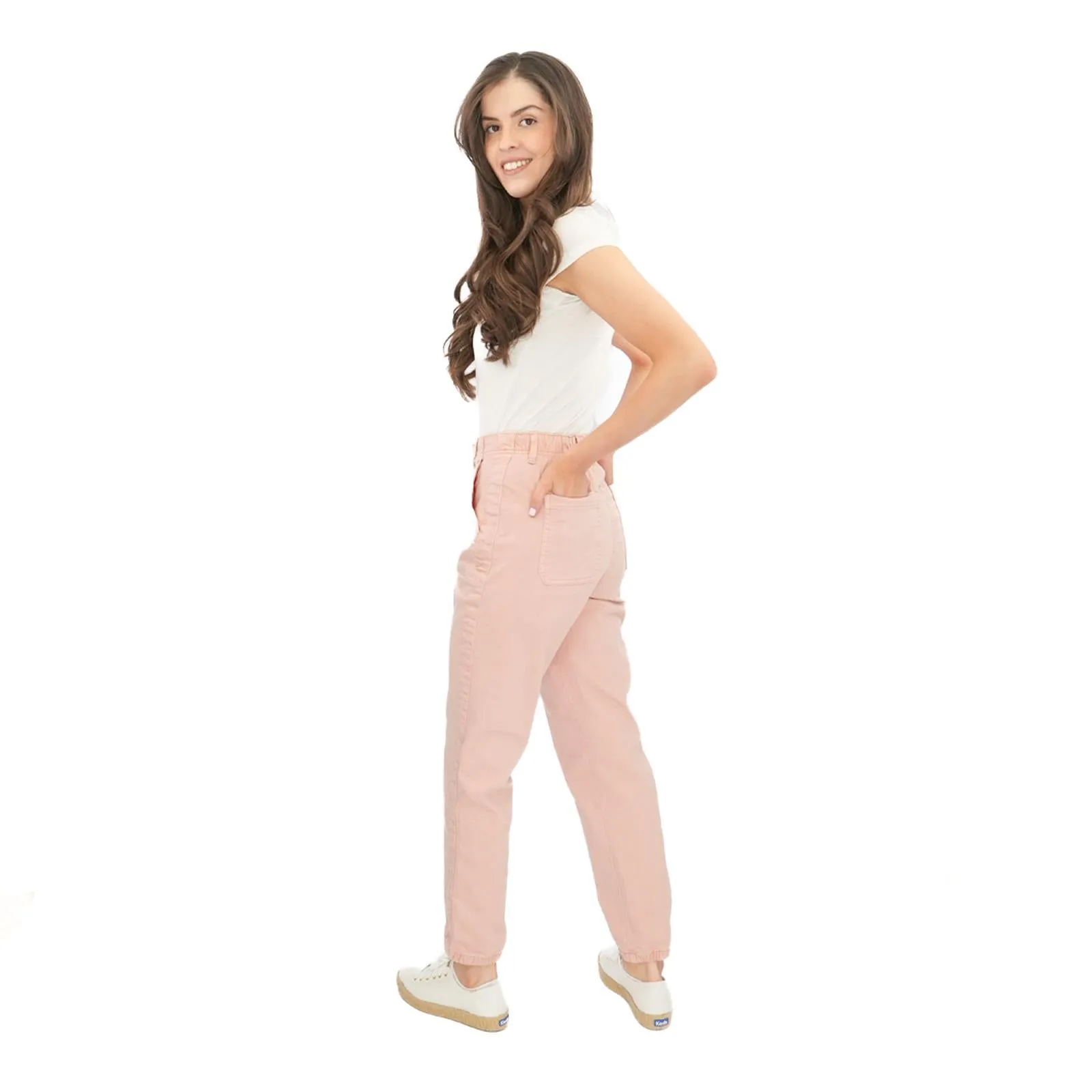 M&S Cotton Rich Slim Fit Trousers Stretch Elasticated Cuff Pink