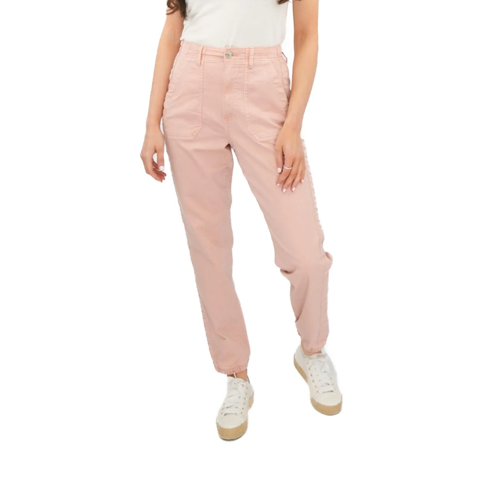 M&S Cotton Rich Slim Fit Trousers Stretch Elasticated Cuff Pink