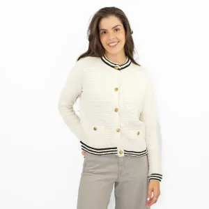 M&S Ivory Gold Button Cardigan Classic Textured Crew Neck