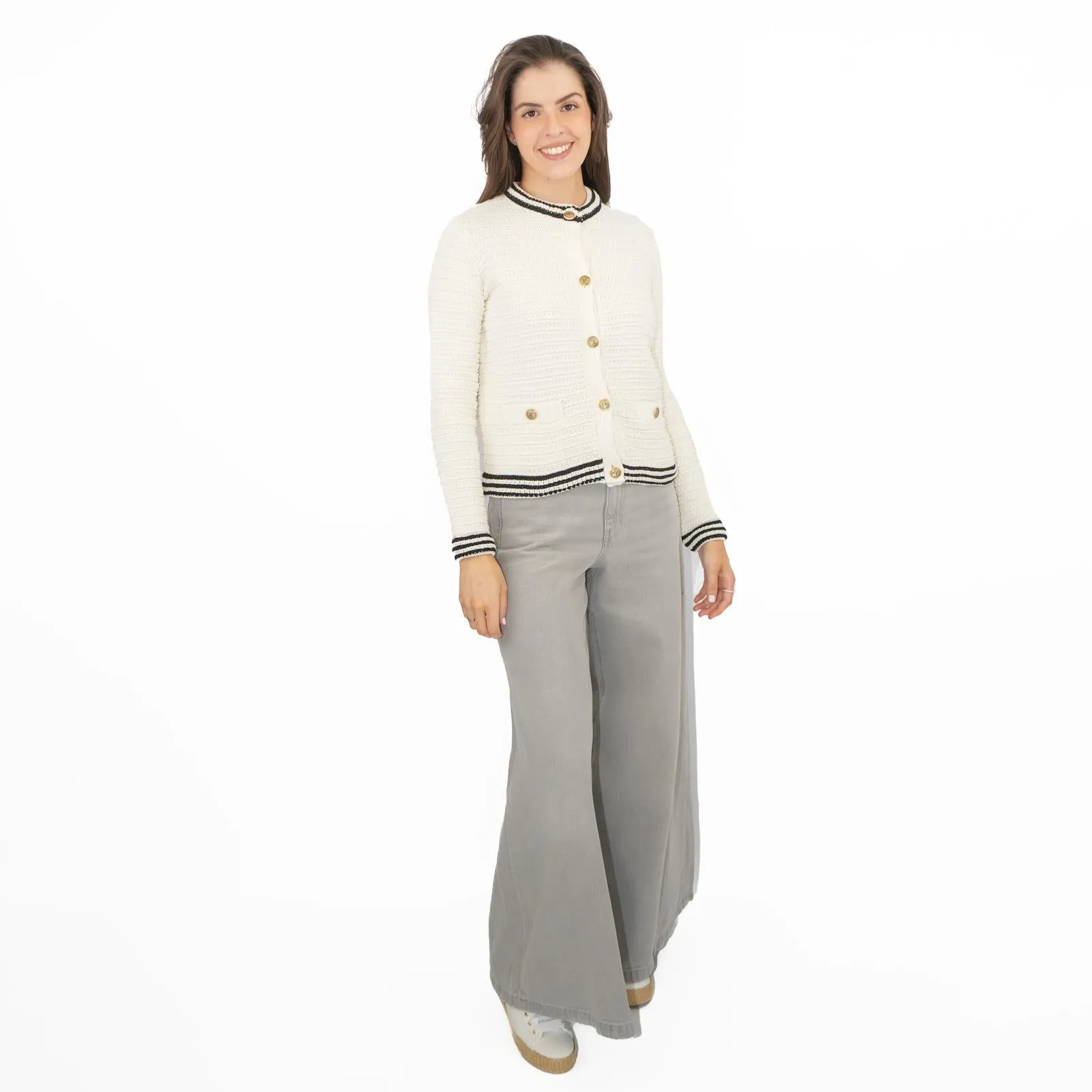 M&S Ivory Gold Button Cardigan Classic Textured Crew Neck