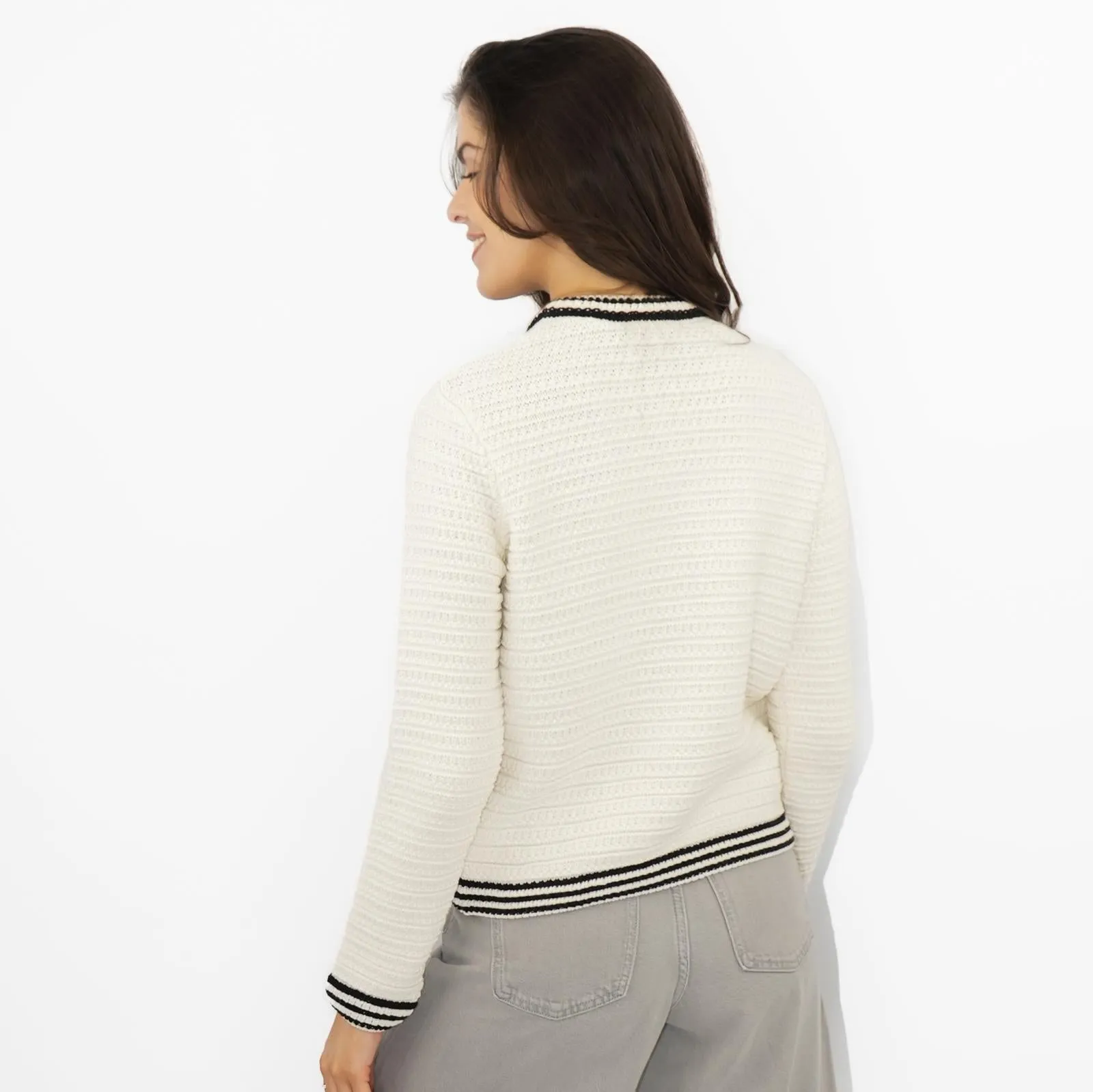 M&S Ivory Gold Button Cardigan Classic Textured Crew Neck