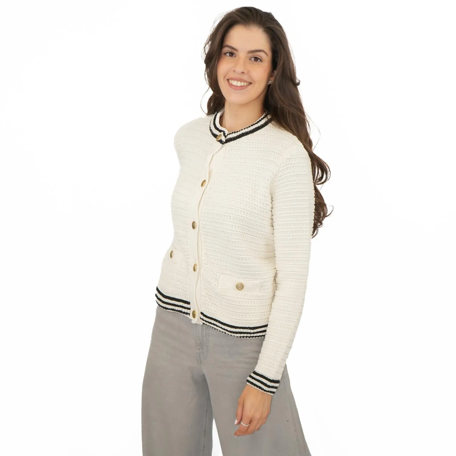 M&S Ivory Gold Button Cardigan Classic Textured Crew Neck