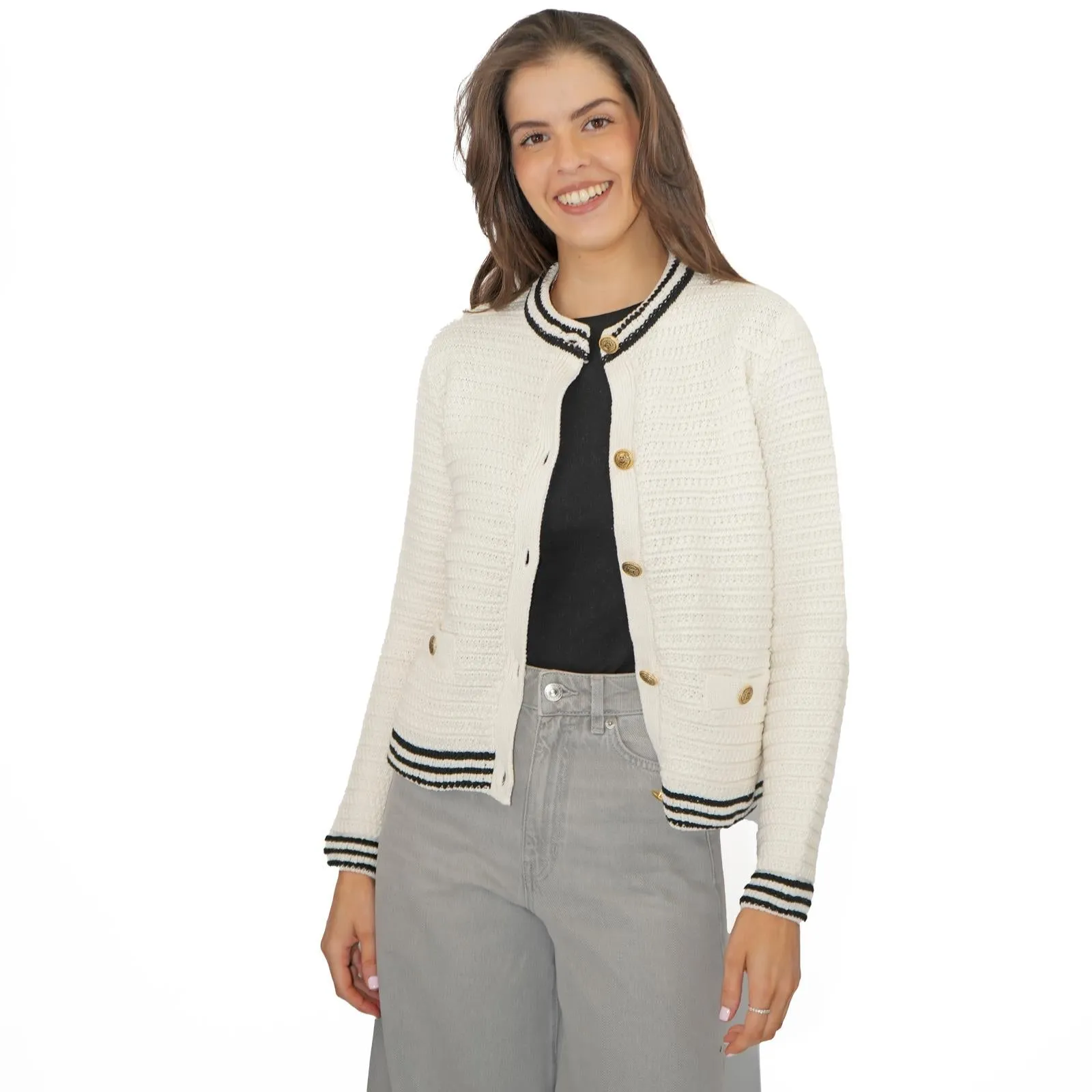 M&S Ivory Gold Button Cardigan Classic Textured Crew Neck