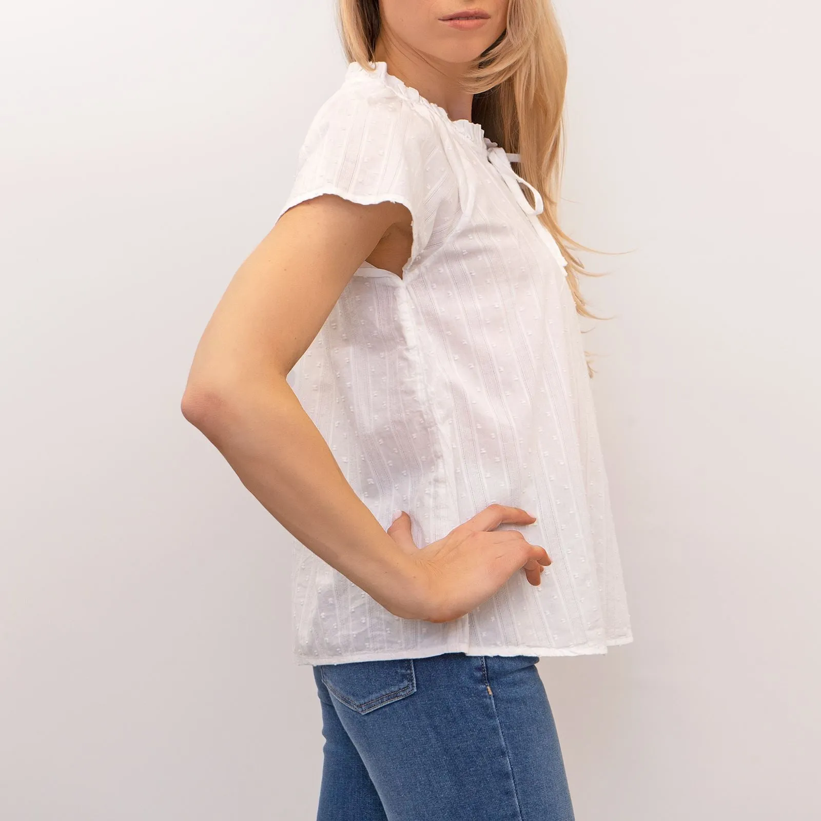 M&S Ivory Lightweight Textured Blouse Short Sleeve Tie Neck Tops