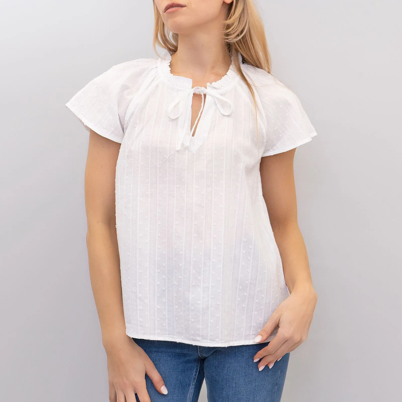 M&S Ivory Lightweight Textured Blouse Short Sleeve Tie Neck Tops