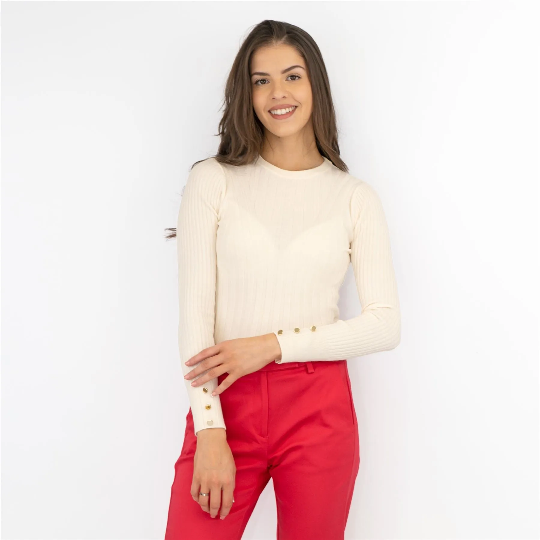 M&S Ivory Soft Touch Ribbed Crew Neck Fitted Jumper
