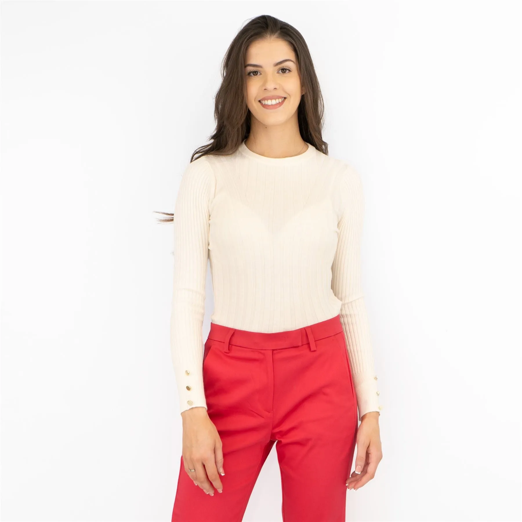M&S Ivory Soft Touch Ribbed Crew Neck Fitted Jumper