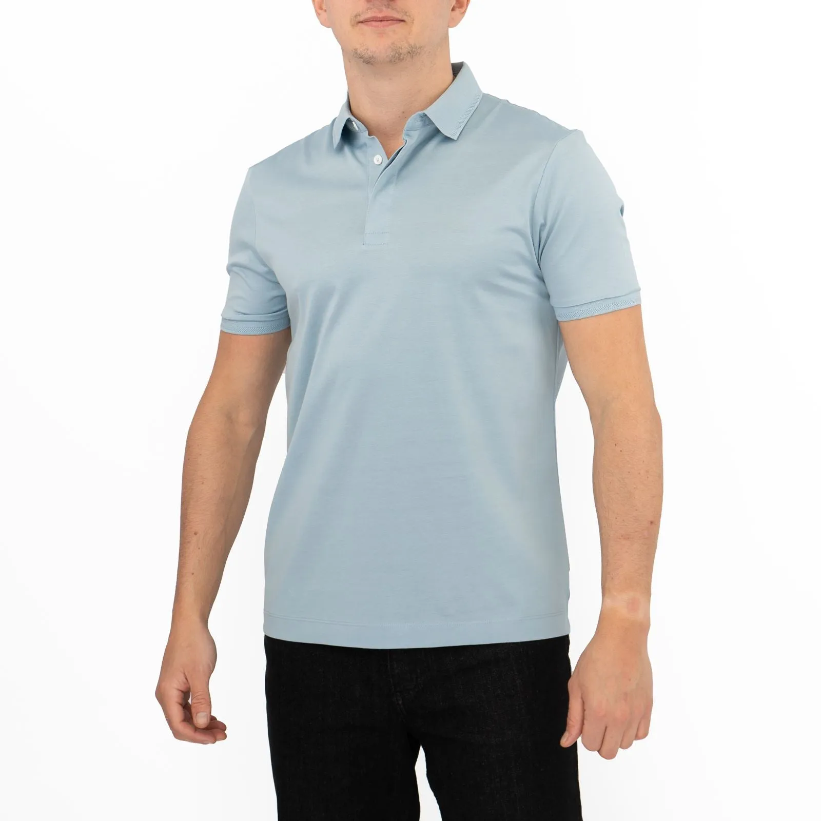 M&S Mens Autograph Polo Top Supima Cotton Button Up Short Sleeve Light Blue