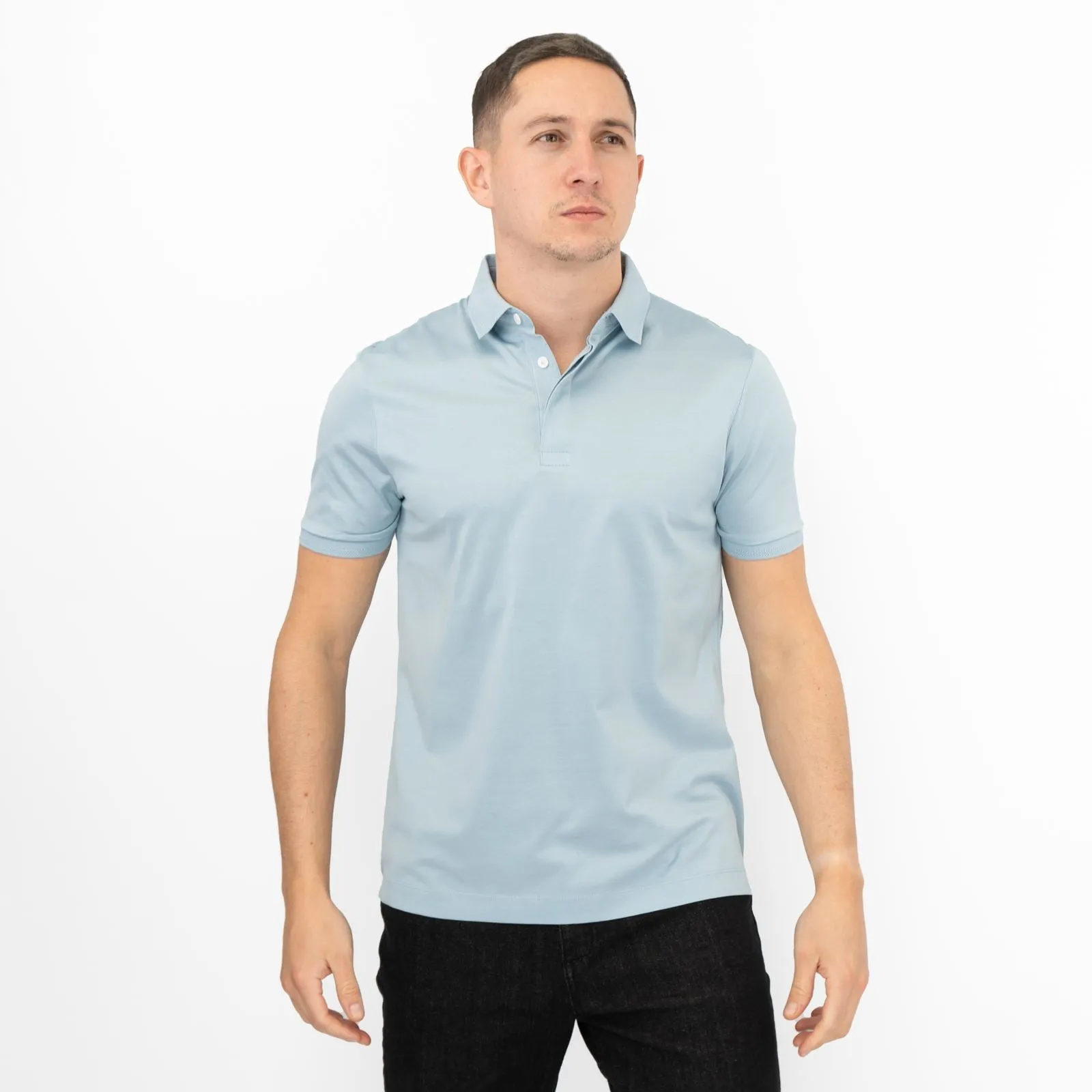 M&S Mens Autograph Polo Top Supima Cotton Button Up Short Sleeve Light Blue