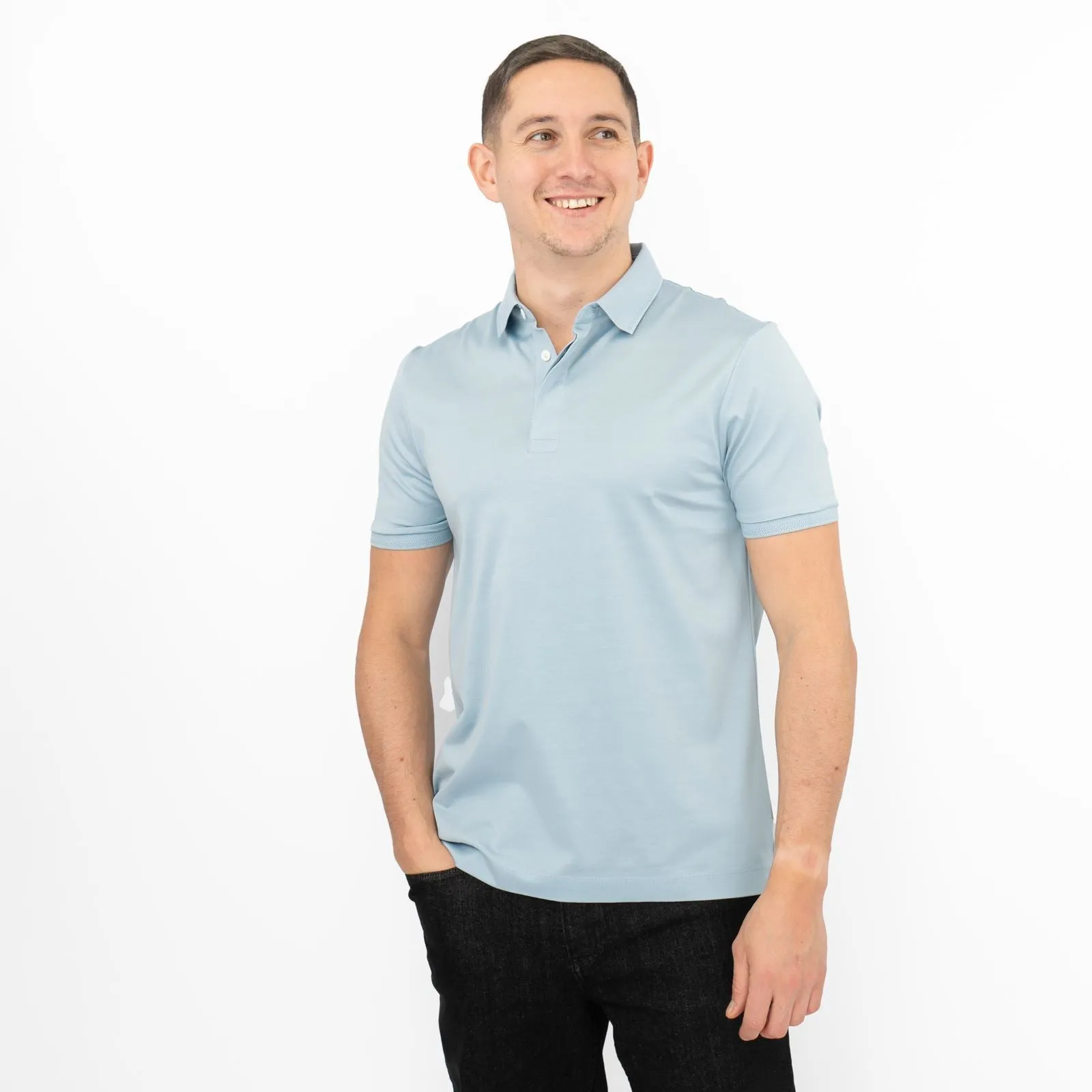 M&S Mens Autograph Polo Top Supima Cotton Button Up Short Sleeve Light Blue
