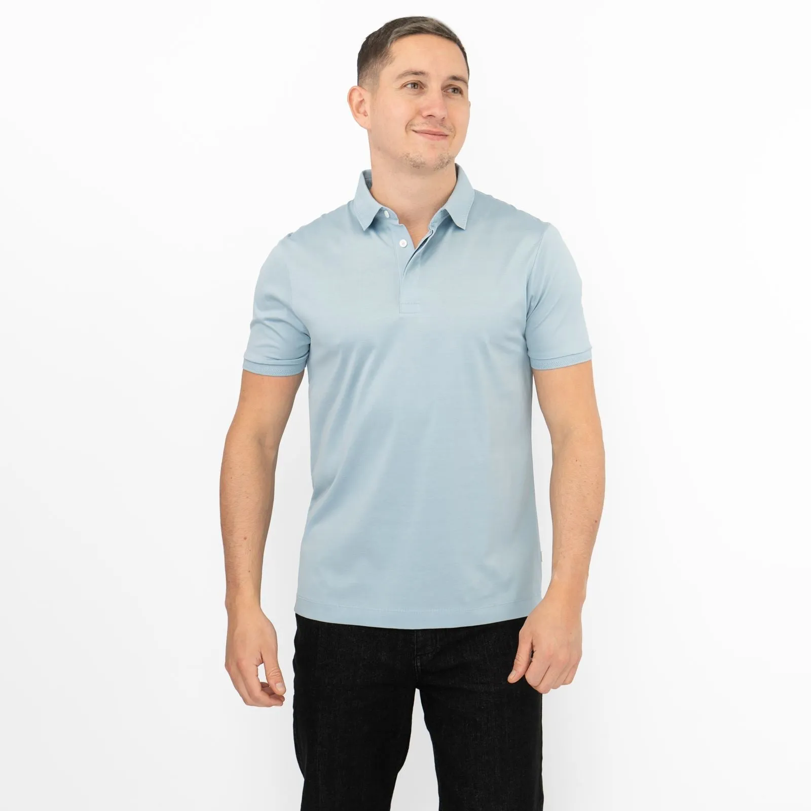 M&S Mens Autograph Polo Top Supima Cotton Button Up Short Sleeve Light Blue
